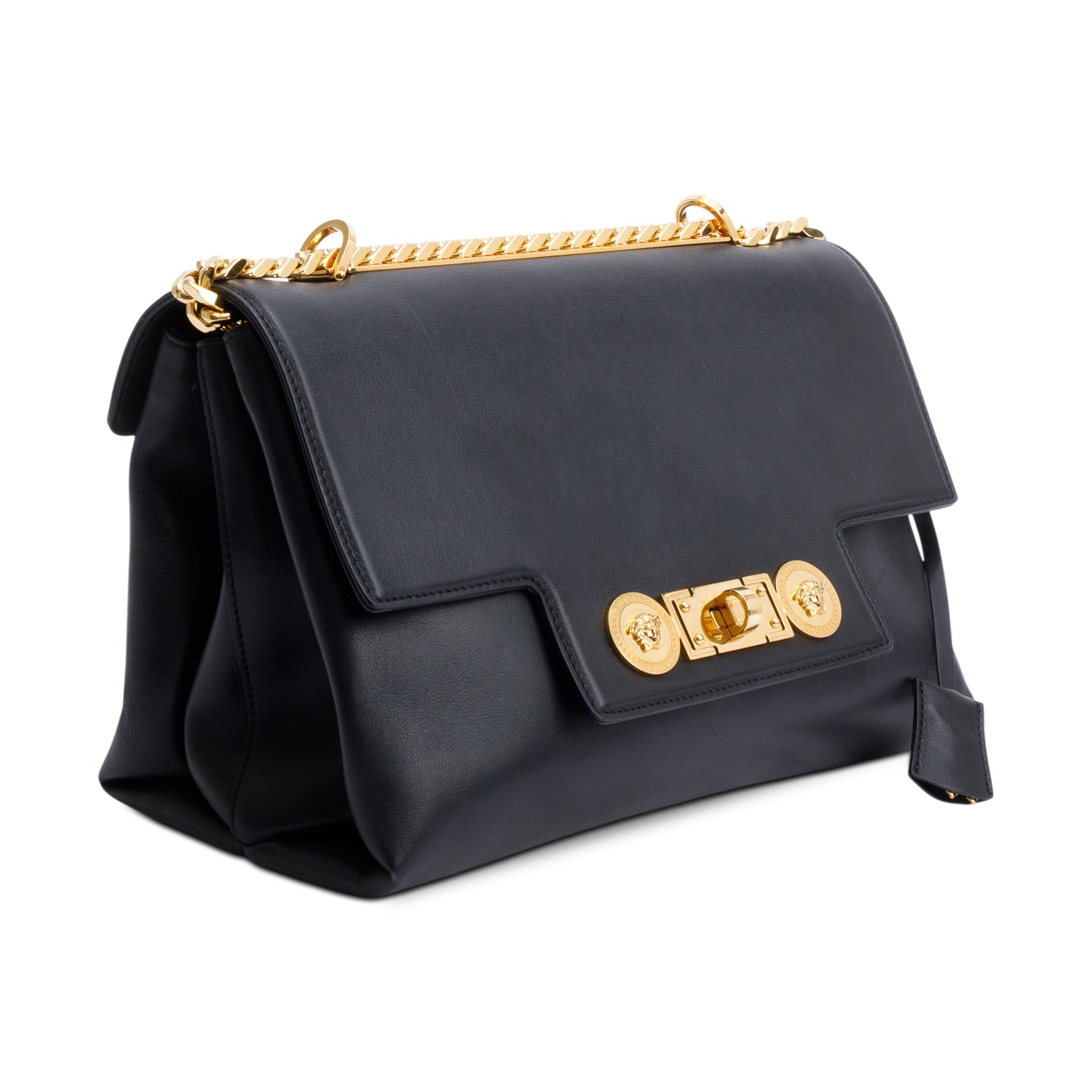 Versace Black Leather Medallion Tribute Flap Chain Shoulder Bag