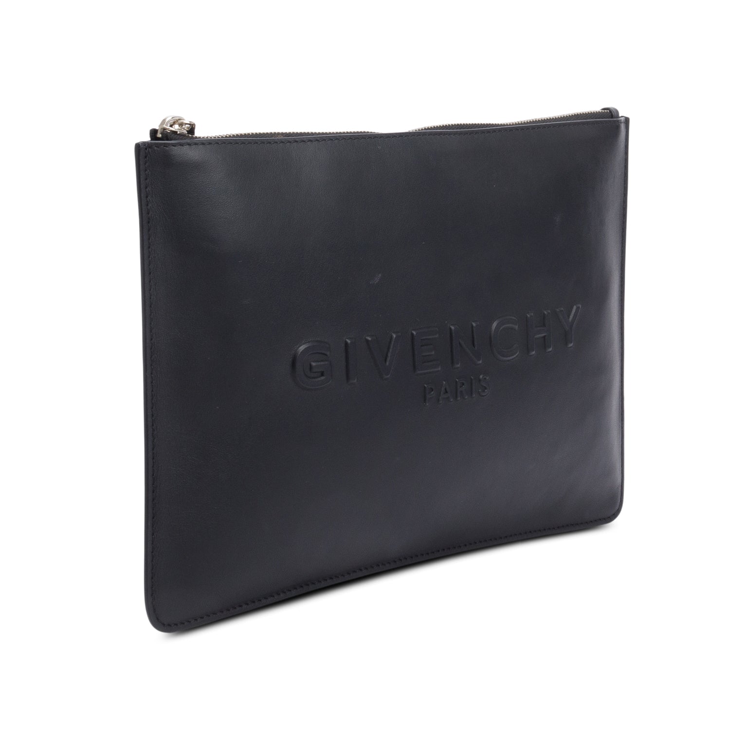 Givenchy Black Calfskin Leather Logo Zip Around Clutch