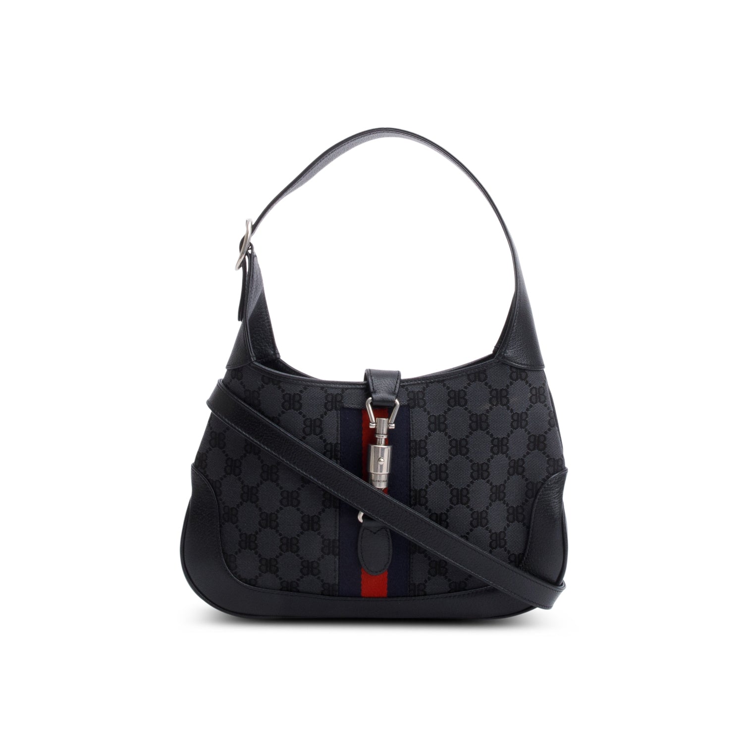 Gucci X Balenciaga BB Supreme Monogram Canvas & Black Calfskin Leather Web Small Jackie 1961 Hobo