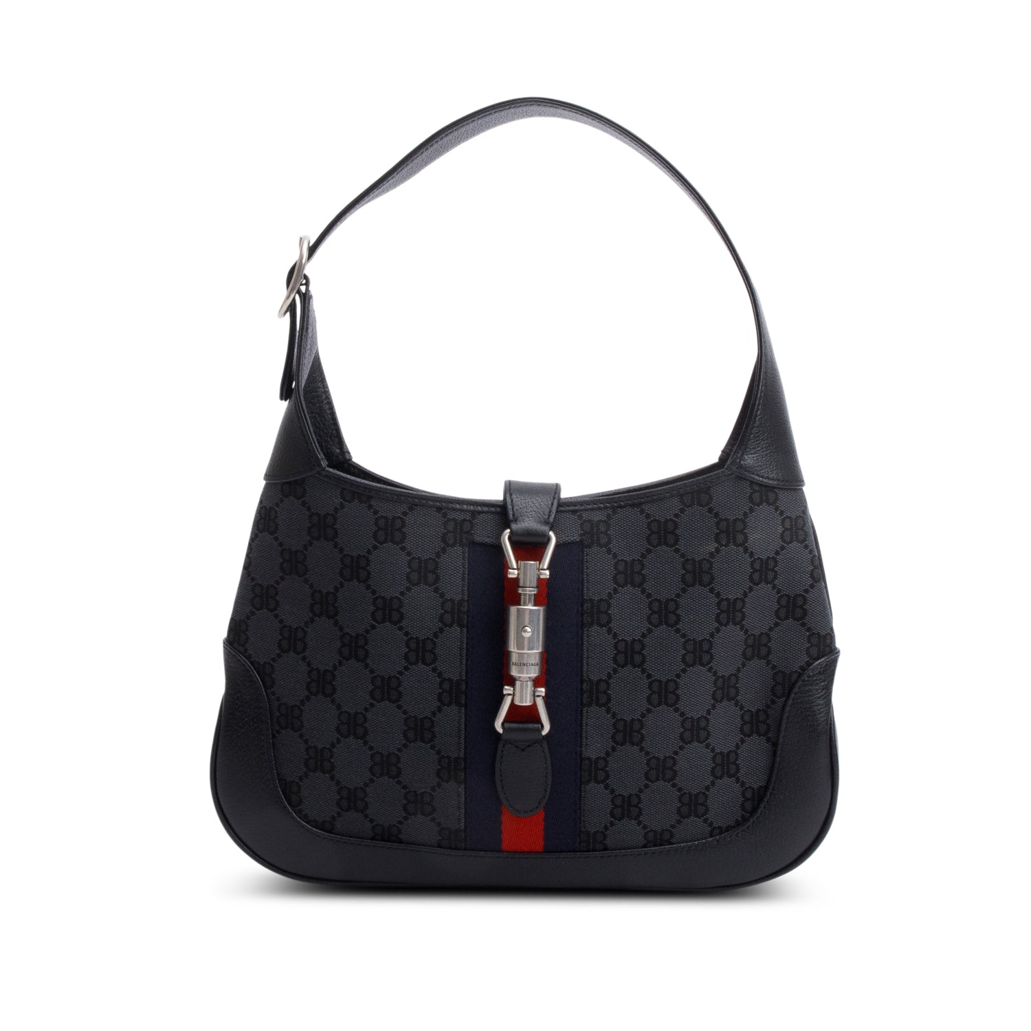 Gucci X Balenciaga BB Supreme Monogram Canvas & Black Calfskin Leather Web Small Jackie 1961 Hobo