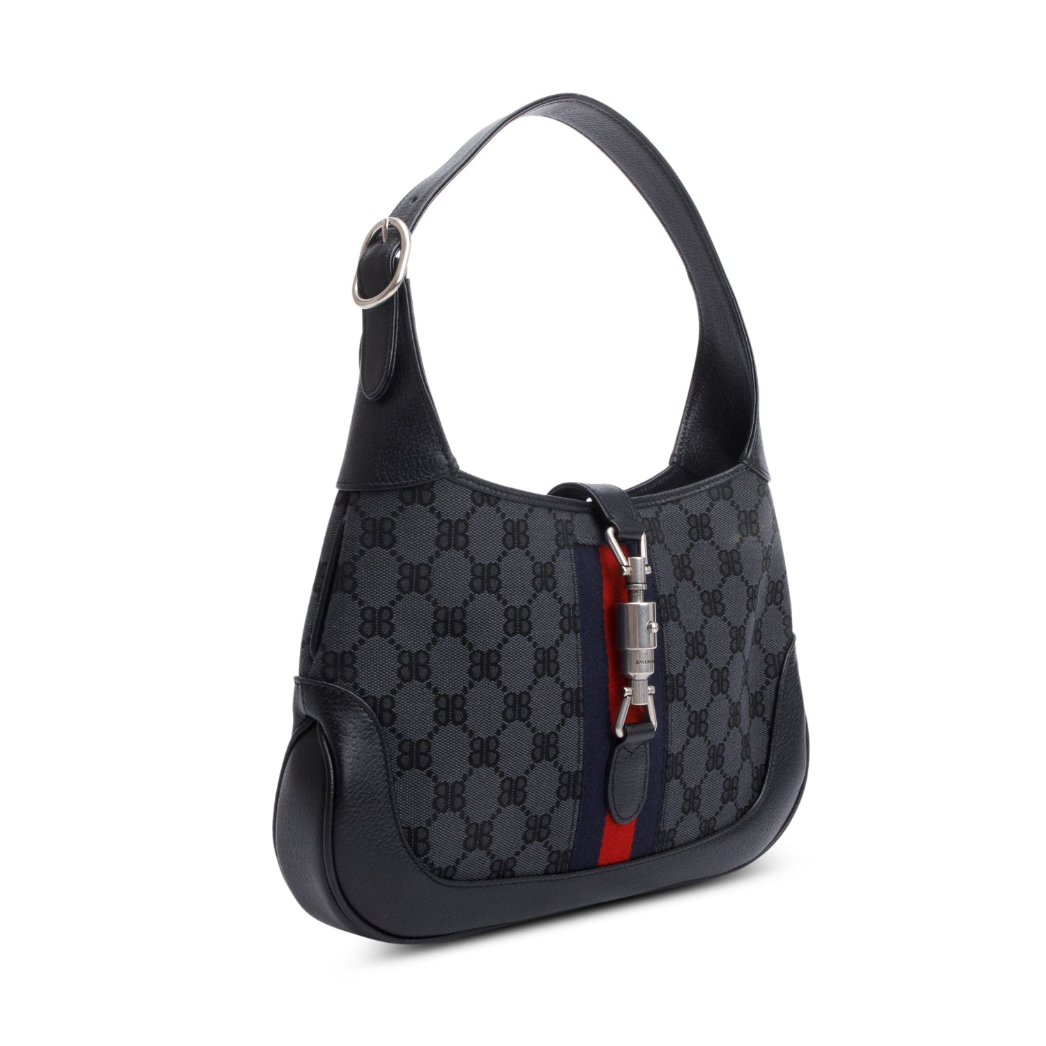 Gucci X Balenciaga BB Supreme Monogram Canvas & Black Calfskin Leather Web Small Jackie 1961 Hobo