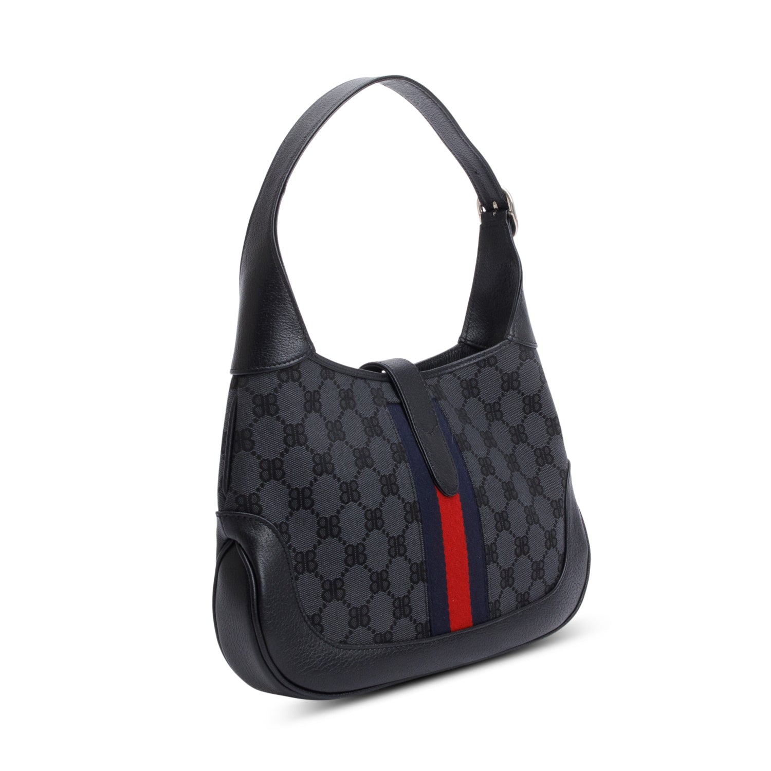 Gucci X Balenciaga BB Supreme Monogram Canvas & Black Calfskin Leather Web Small Jackie 1961 Hobo