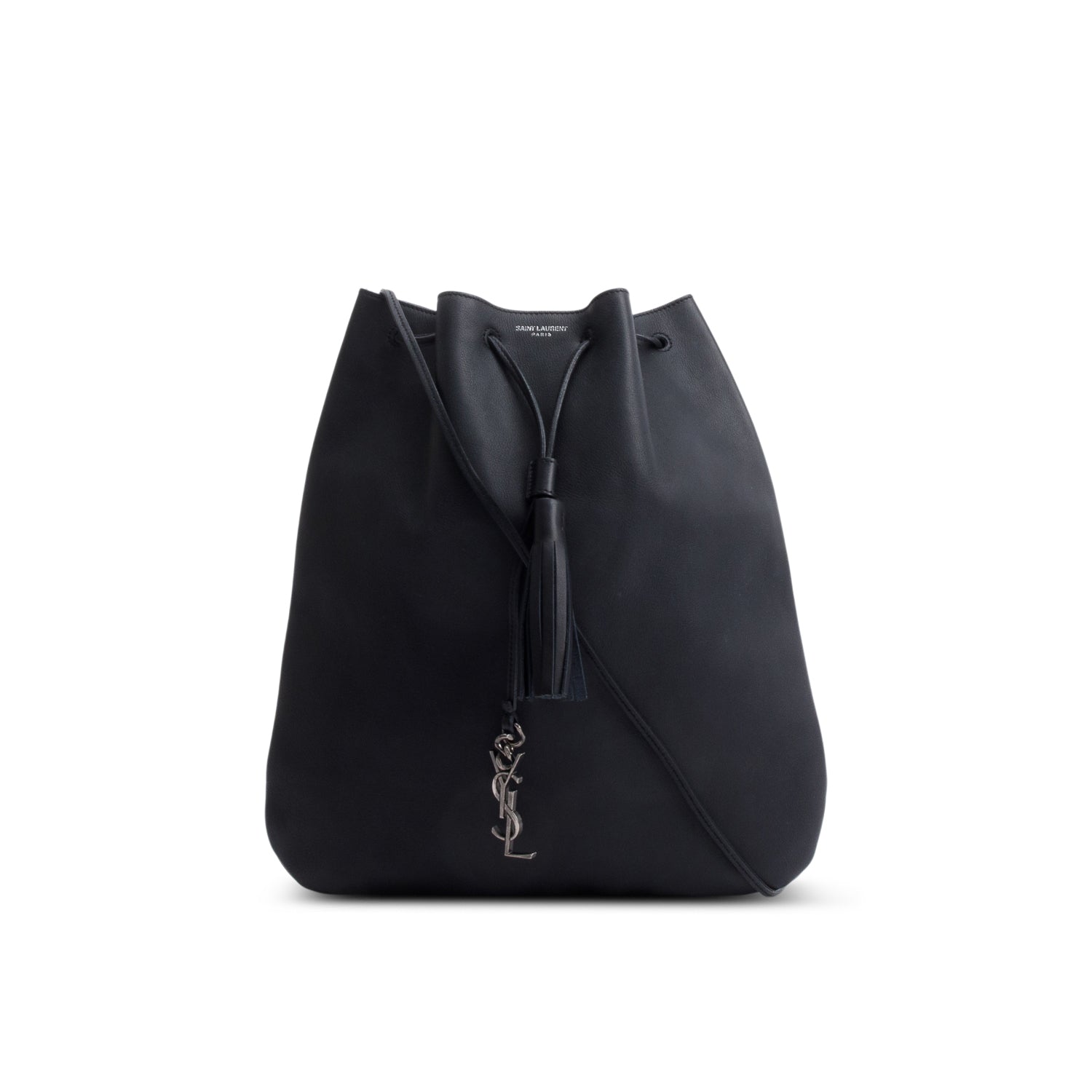 Saint Laurent Black Calfskin Leather Medium Jen Flat Drawstring Bag
