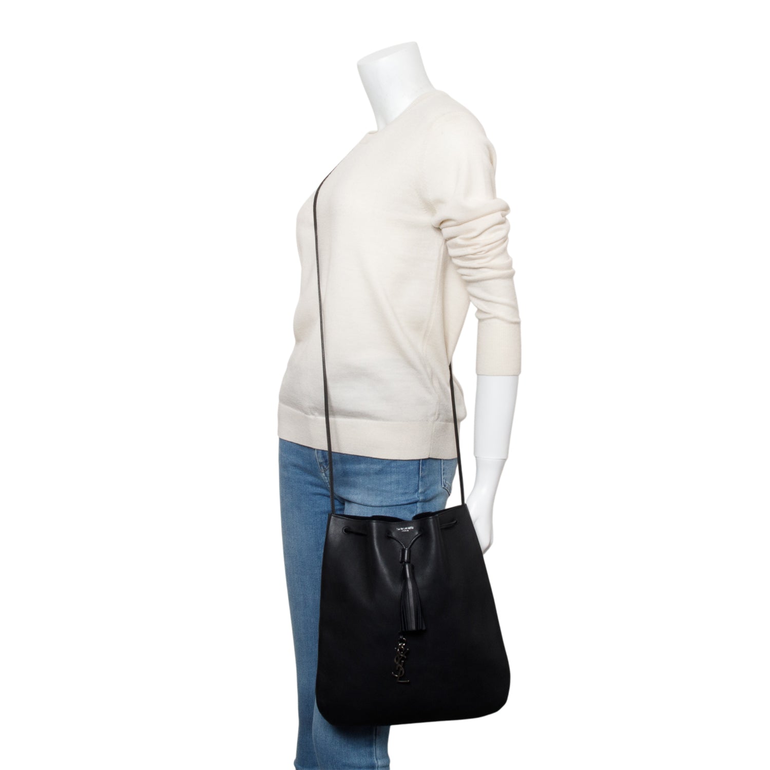 Saint Laurent Black Calfskin Leather Medium Jen Flat Drawstring Bag