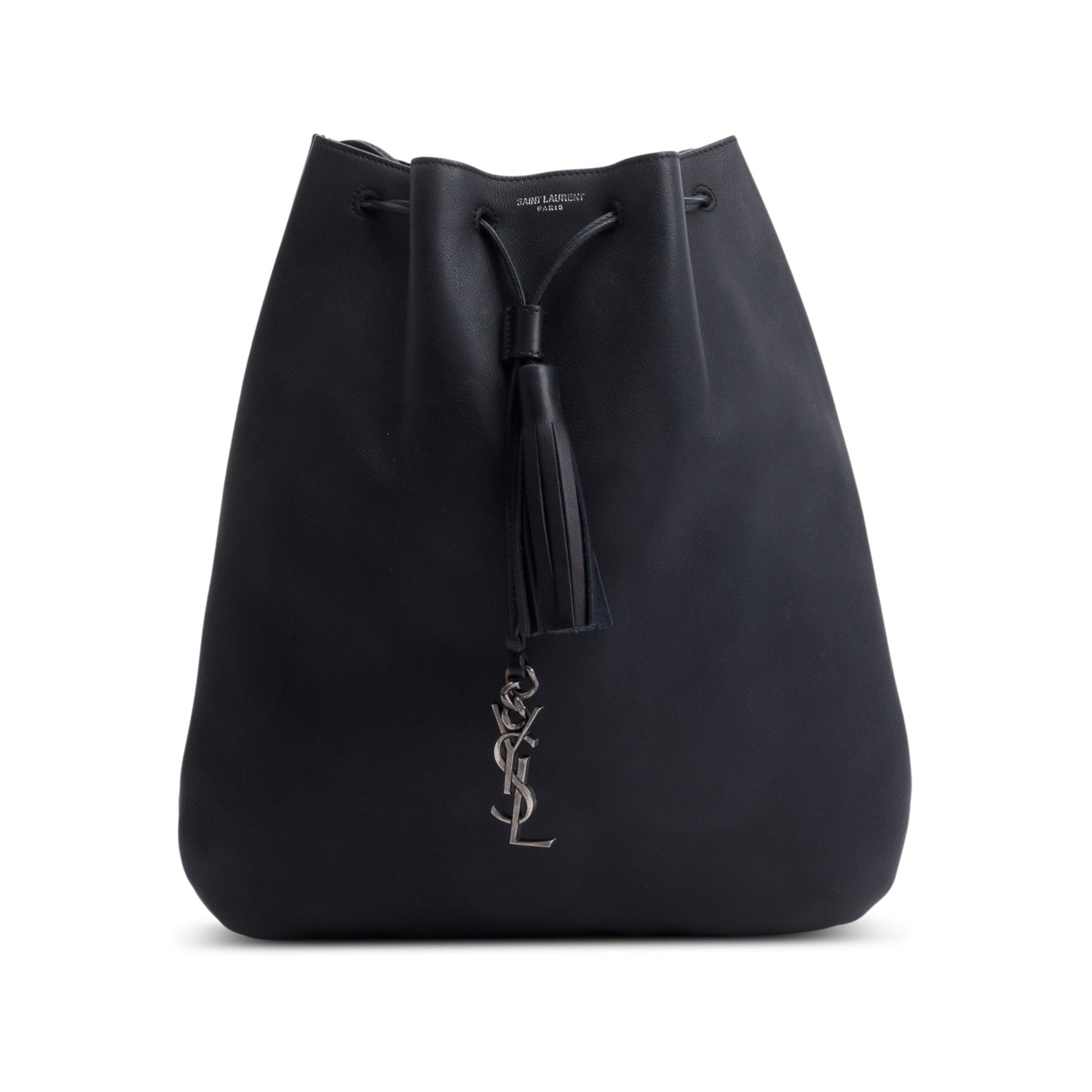 Saint Laurent Black Calfskin Leather Medium Jen Flat Drawstring Bag