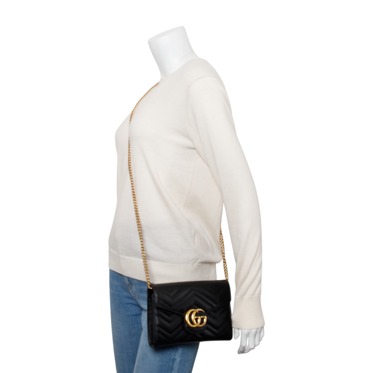 Gucci Black Calfskin Matelasse Leather GG Marmont Chain Wallet w/ Box