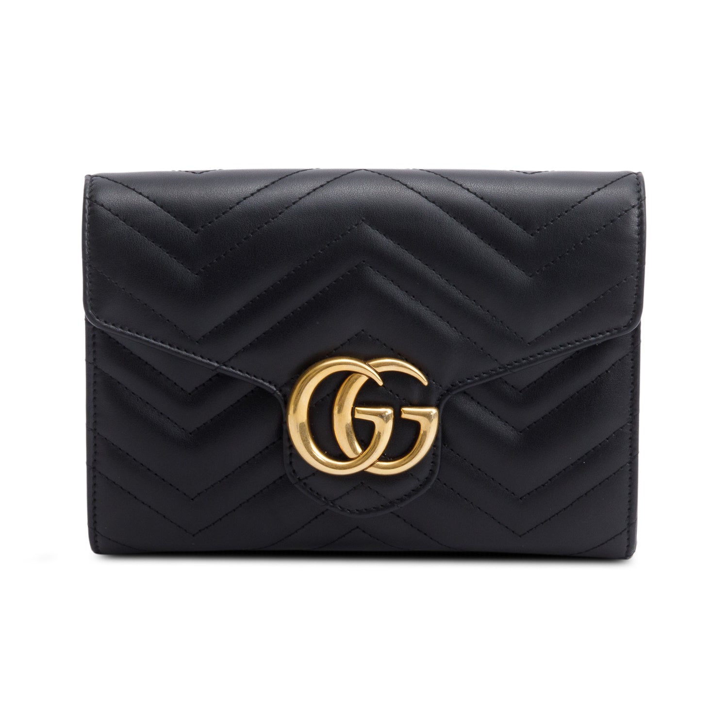 Gucci Black Calfskin Matelasse Leather GG Marmont Chain Wallet w/ Box