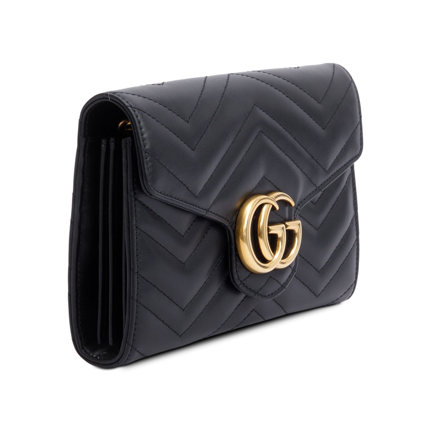 Gucci Black Calfskin Matelasse Leather GG Marmont Chain Wallet w/ Box
