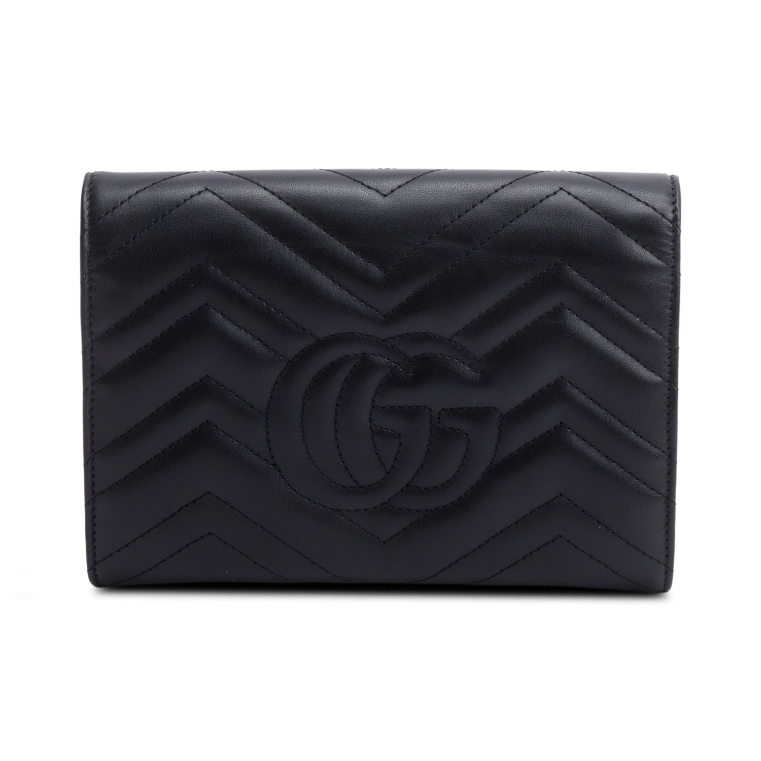 Gucci Black Calfskin Matelasse Leather GG Marmont Chain Wallet w/ Box
