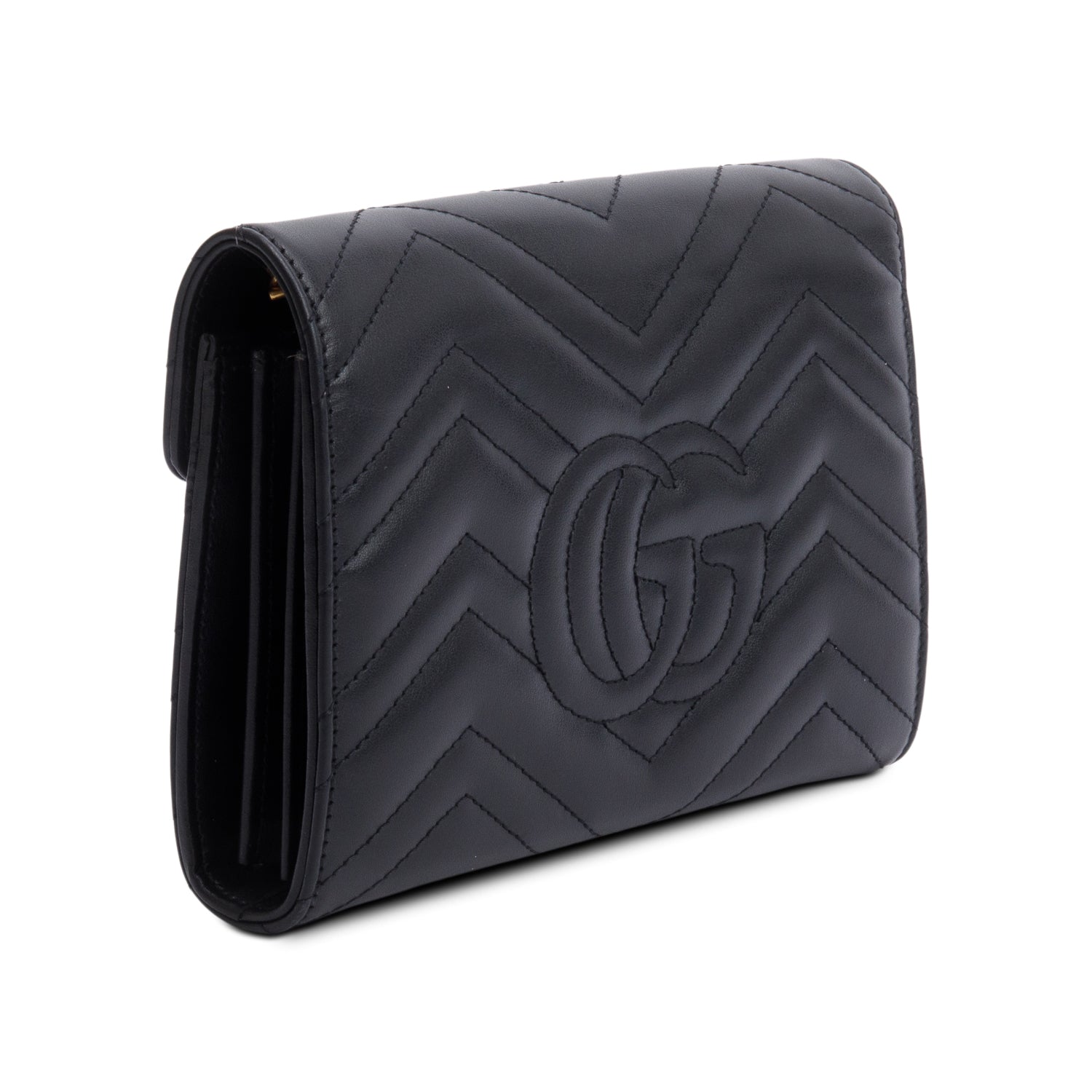 Gucci Black Calfskin Matelasse Leather GG Marmont Chain Wallet w/ Box