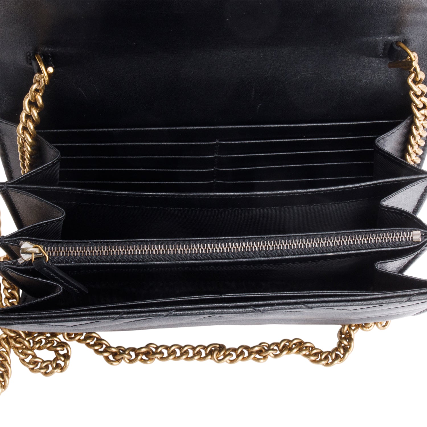 Gucci Black Calfskin Matelasse Leather GG Marmont Chain Wallet w/ Box