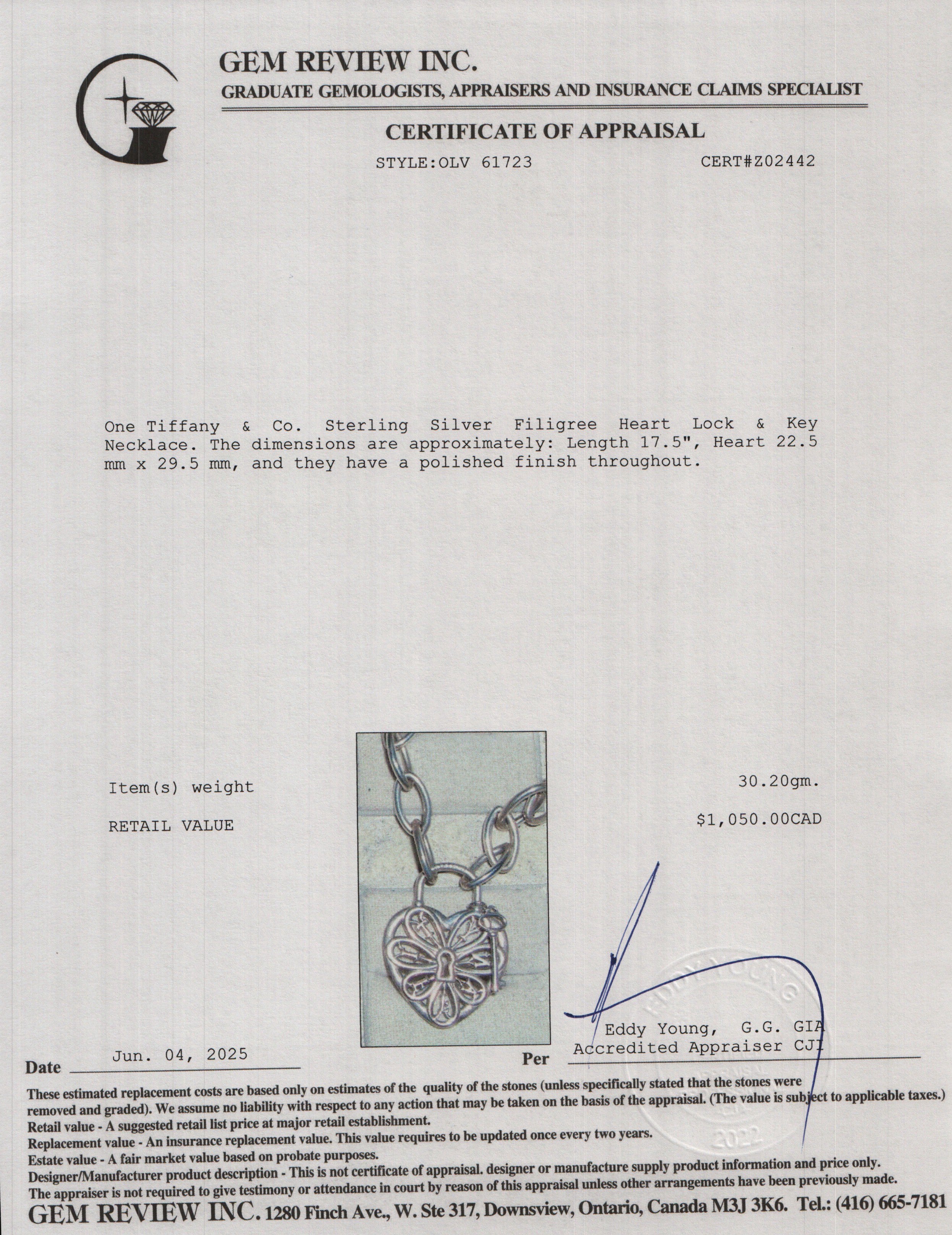 Tiffany & Co. Sterling Silver Filigree Heart Lock & Key Necklace