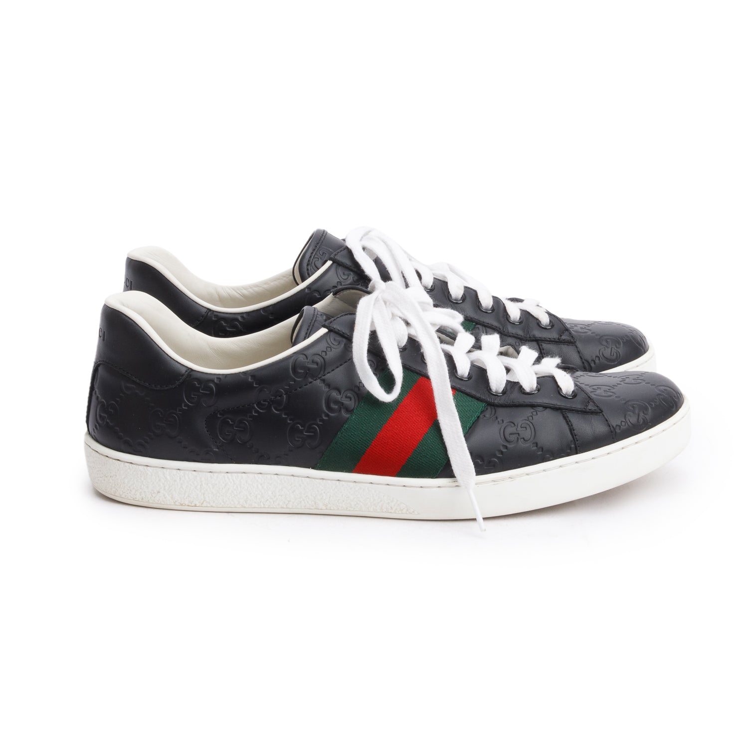 Gucci Black GG Signature Leather Web Men's Ace Sneakers, Size 34