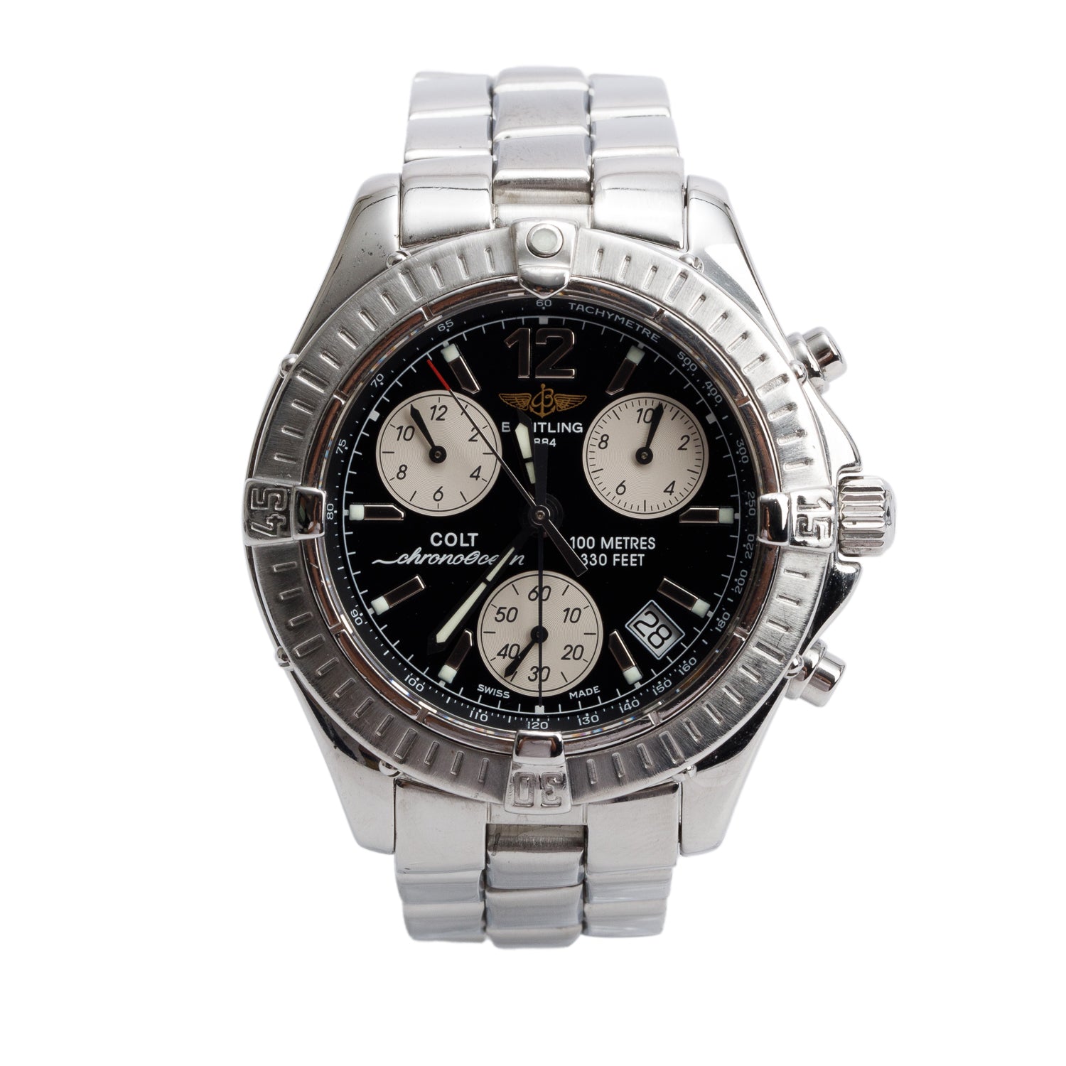 Breitling Stainless Steel Colt 38 MM Chronograph Quartz Watch Black Dial A53350