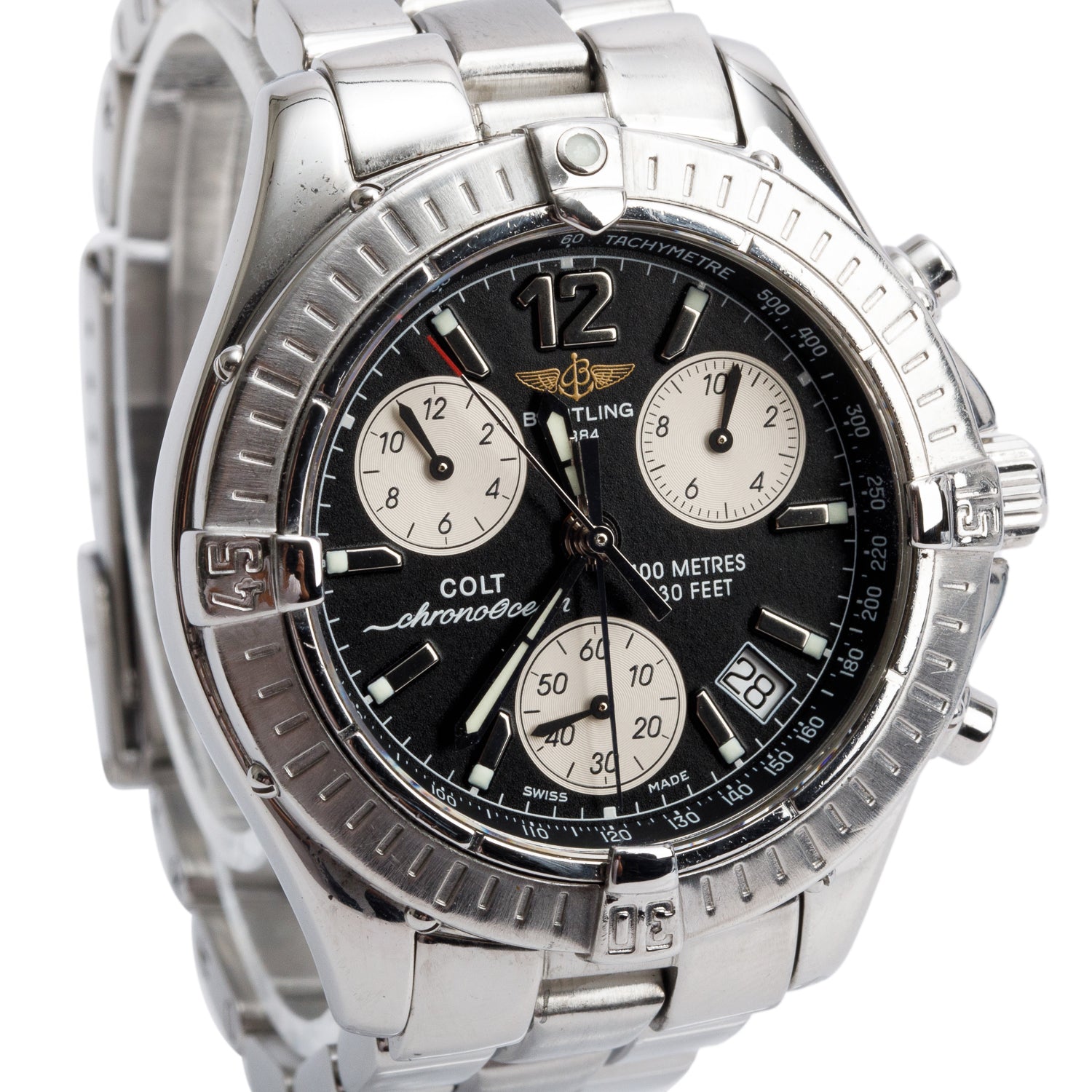 Breitling Stainless Steel Colt 38 MM Chronograph Quartz Watch Black Dial A53350