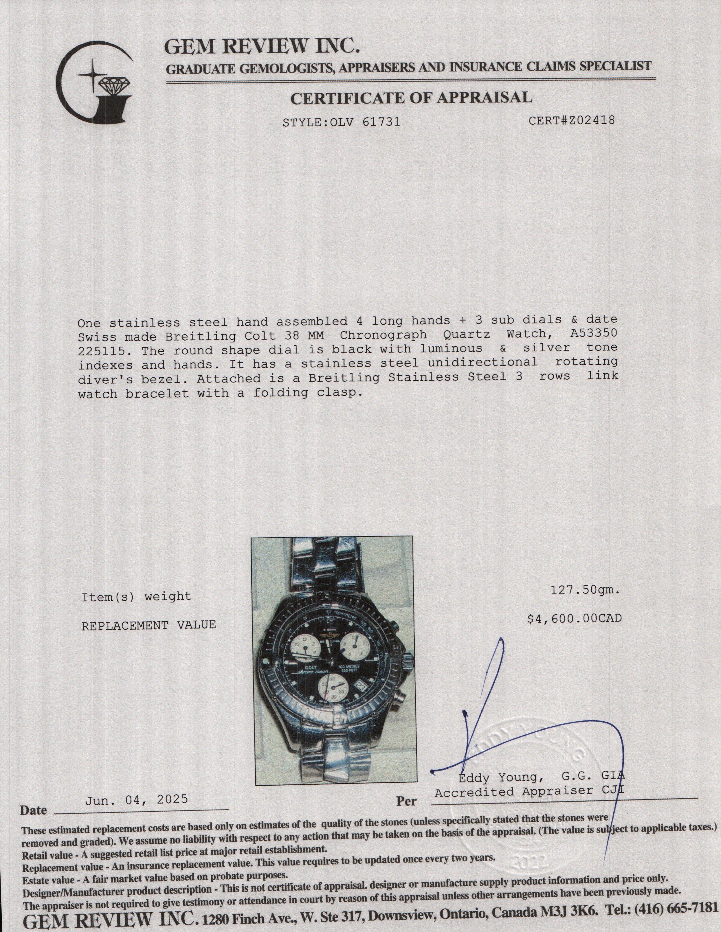 Breitling Stainless Steel Colt 38 MM Chronograph Quartz Watch Black Dial A53350