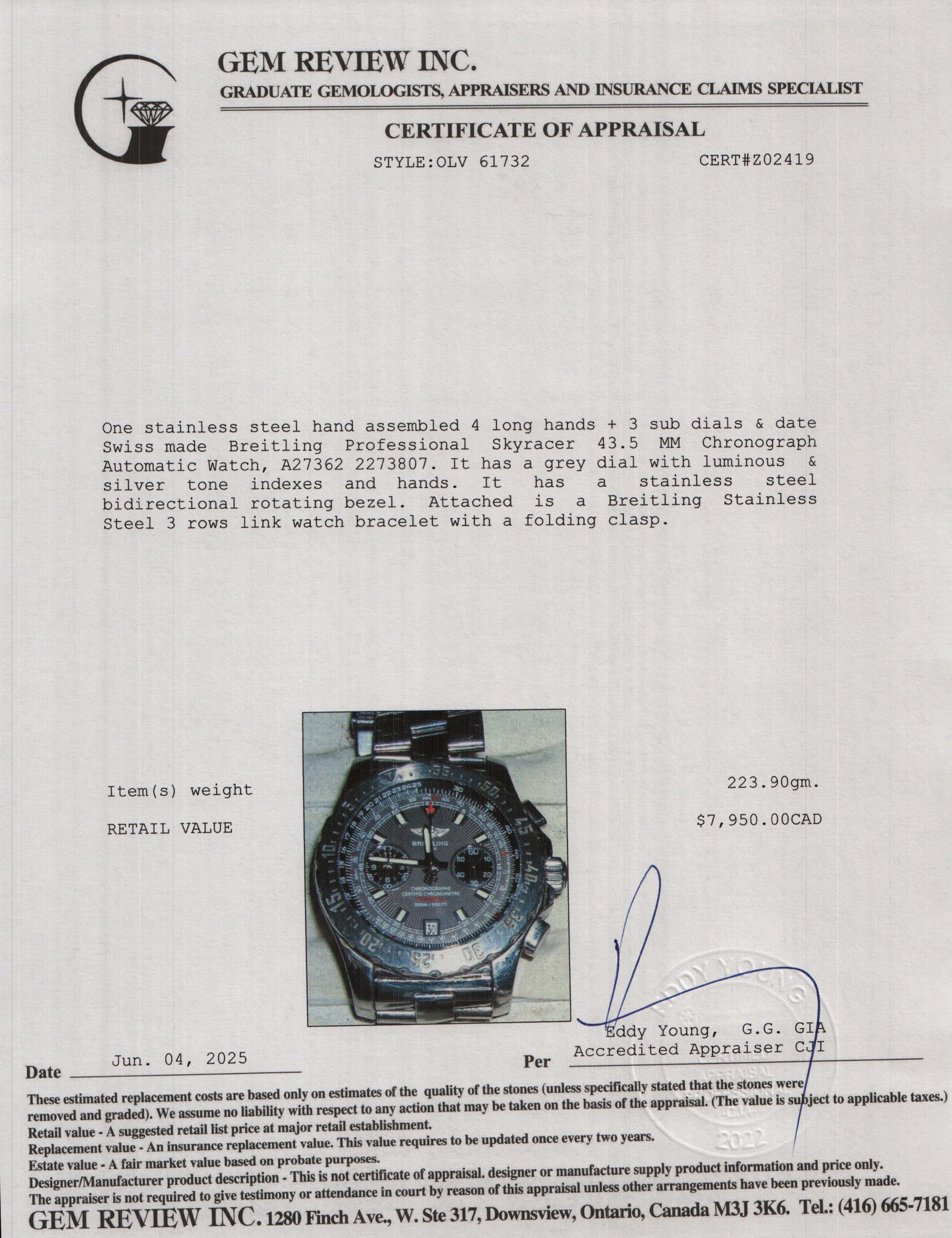 Breitling Stainless Steel Professional Skyracer 43.5 MM Chronograph Automatic Watch Grey Dial A17362 w/ Box & Receipt