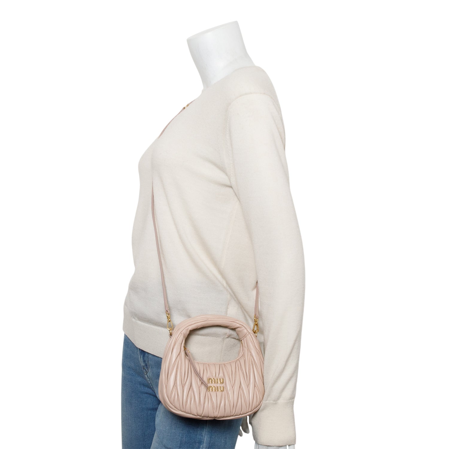 Miu Miu 2024 Beige Wander Nappa Matelasse Leather Mini Hobo Bag w/ Strap