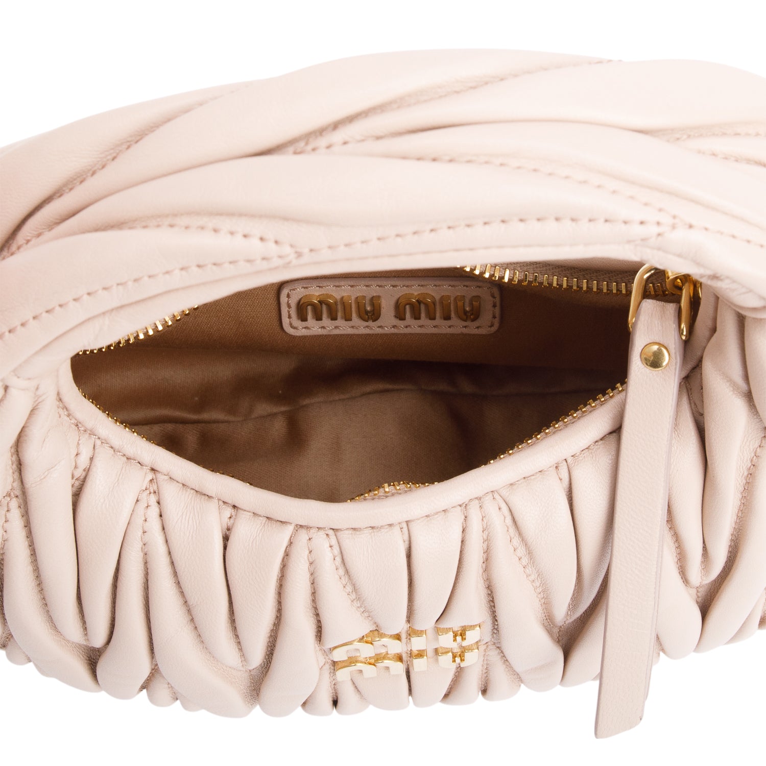 Miu Miu 2024 Beige Wander Nappa Matelasse Leather Mini Hobo Bag w/ Strap
