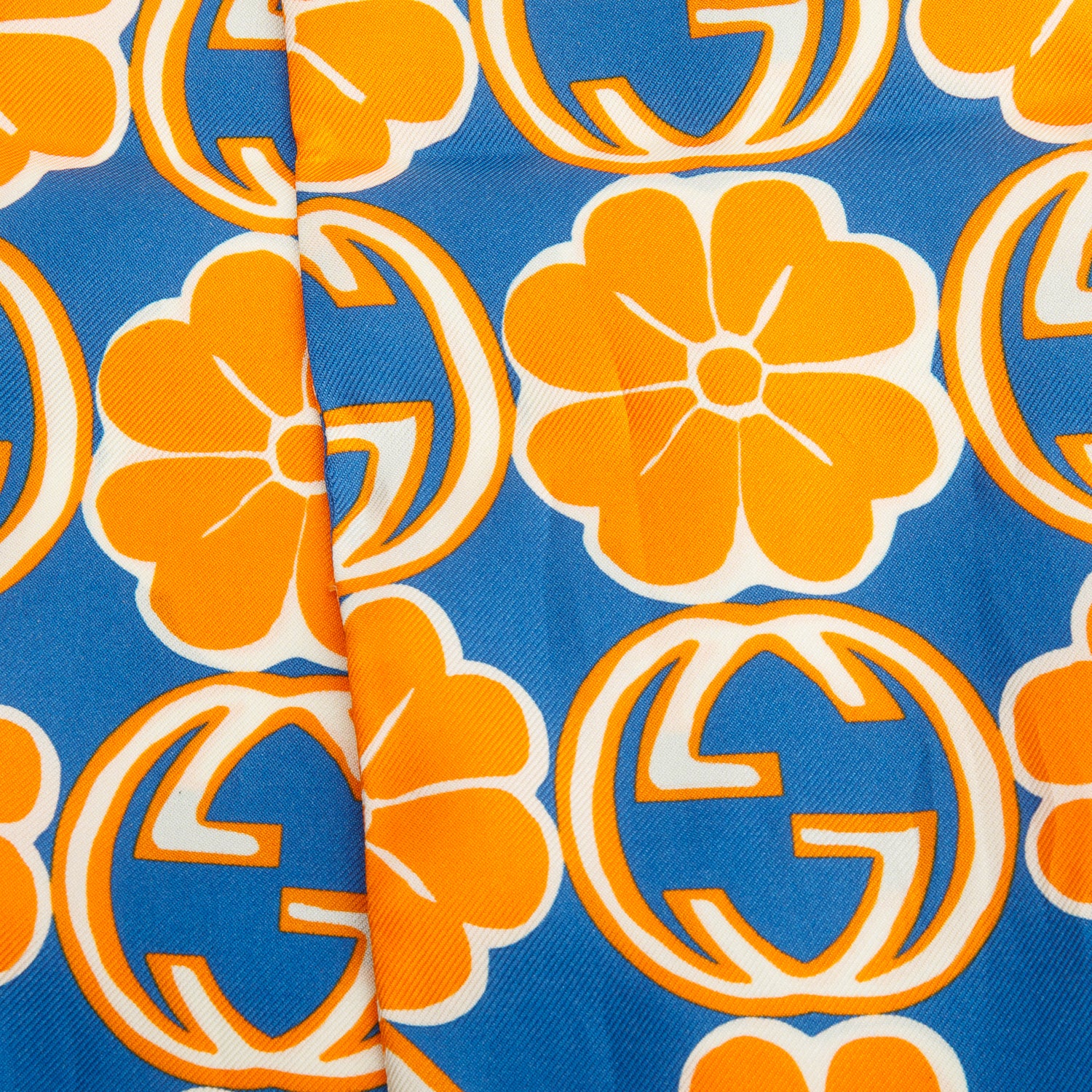 Gucci Blue/Orange GG Flower Silk Foily Skinny Scarf w/ Box