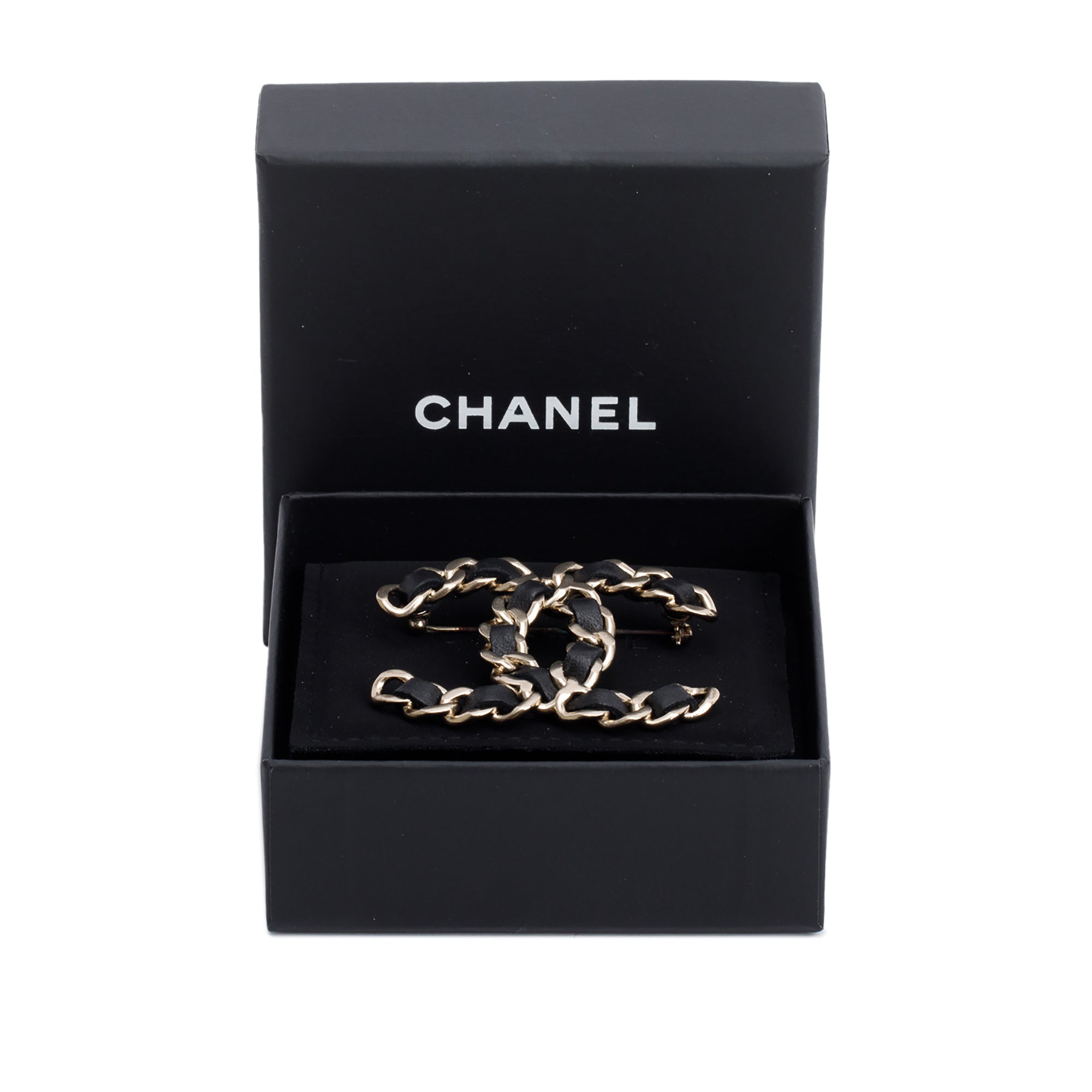 Chanel Gold Plated Leather CC Brooch w/ Box