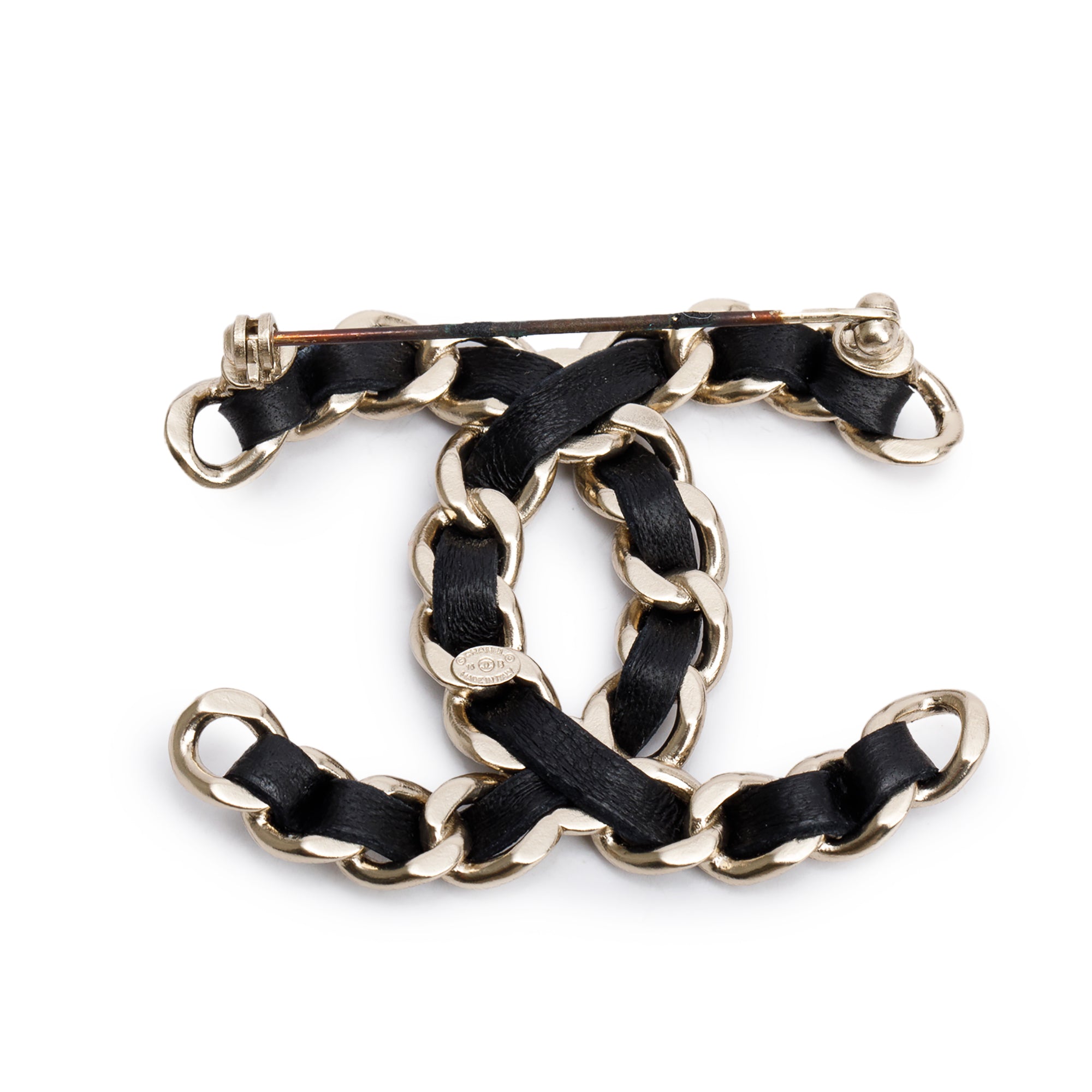 Chanel Gold Plated Leather CC Brooch w/ Box