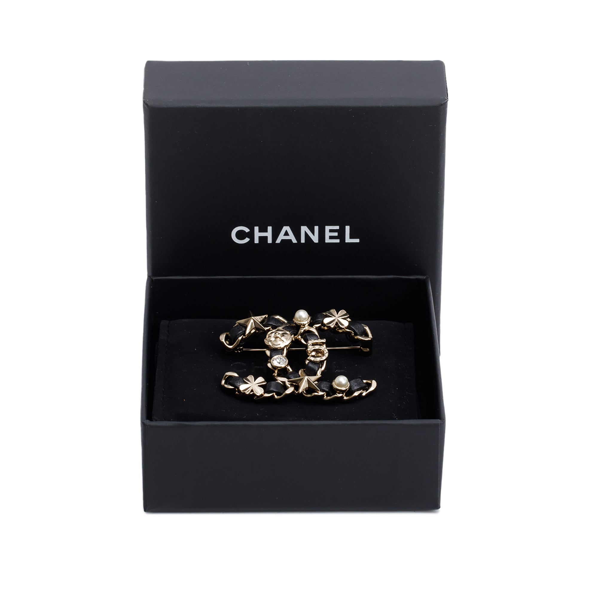 Chanel Gold Plated Faux Pearl, Strass & Leather CC Brooch w/ Box