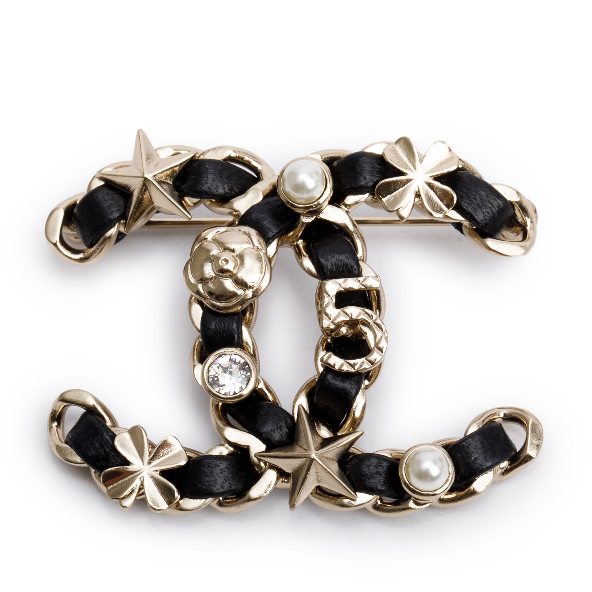 Chanel Gold Plated Faux Pearl, Strass & Leather CC Brooch w/ Box