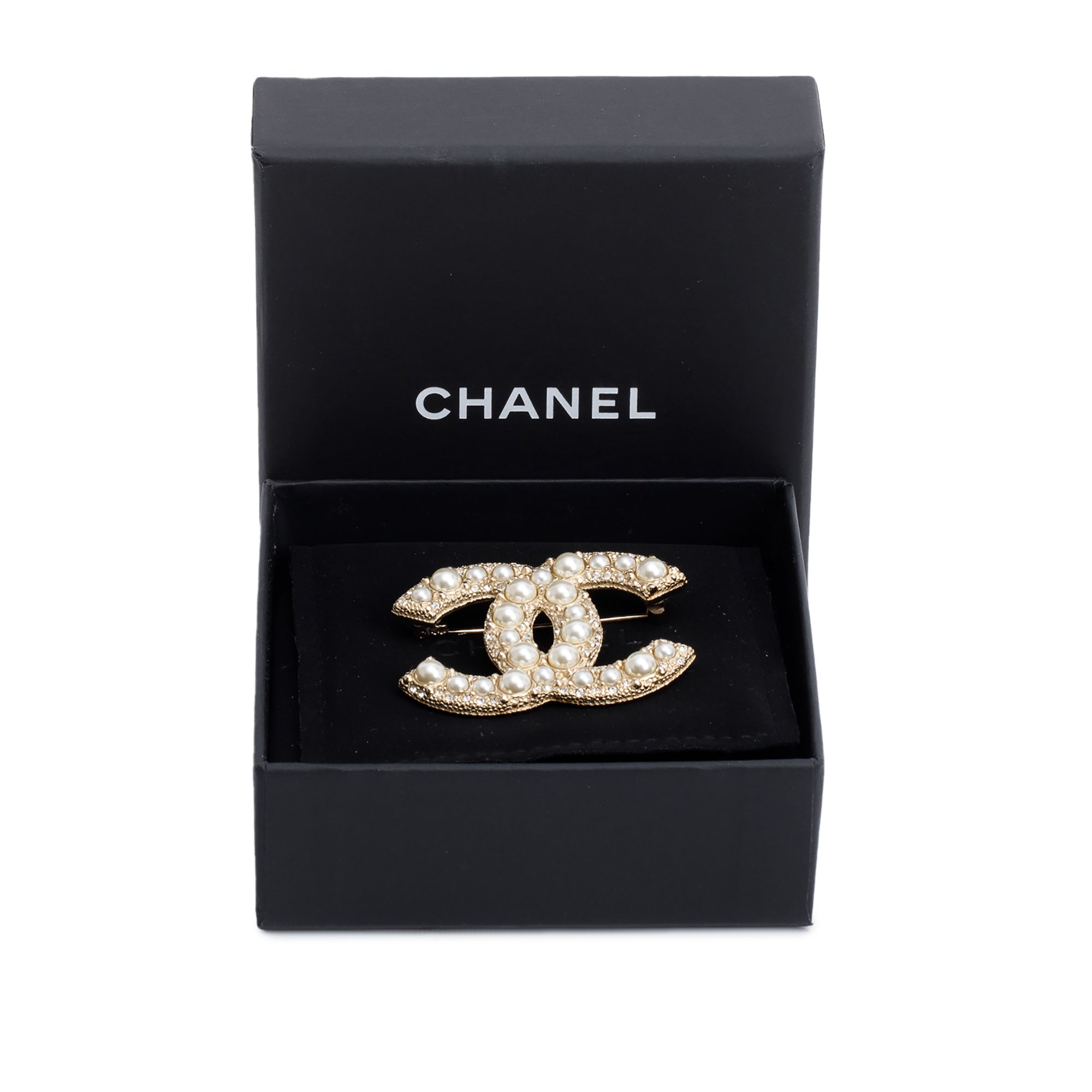 Chanel 2023 Gold Plated Faux Pearl & Strass CC Brooch w/ Box
