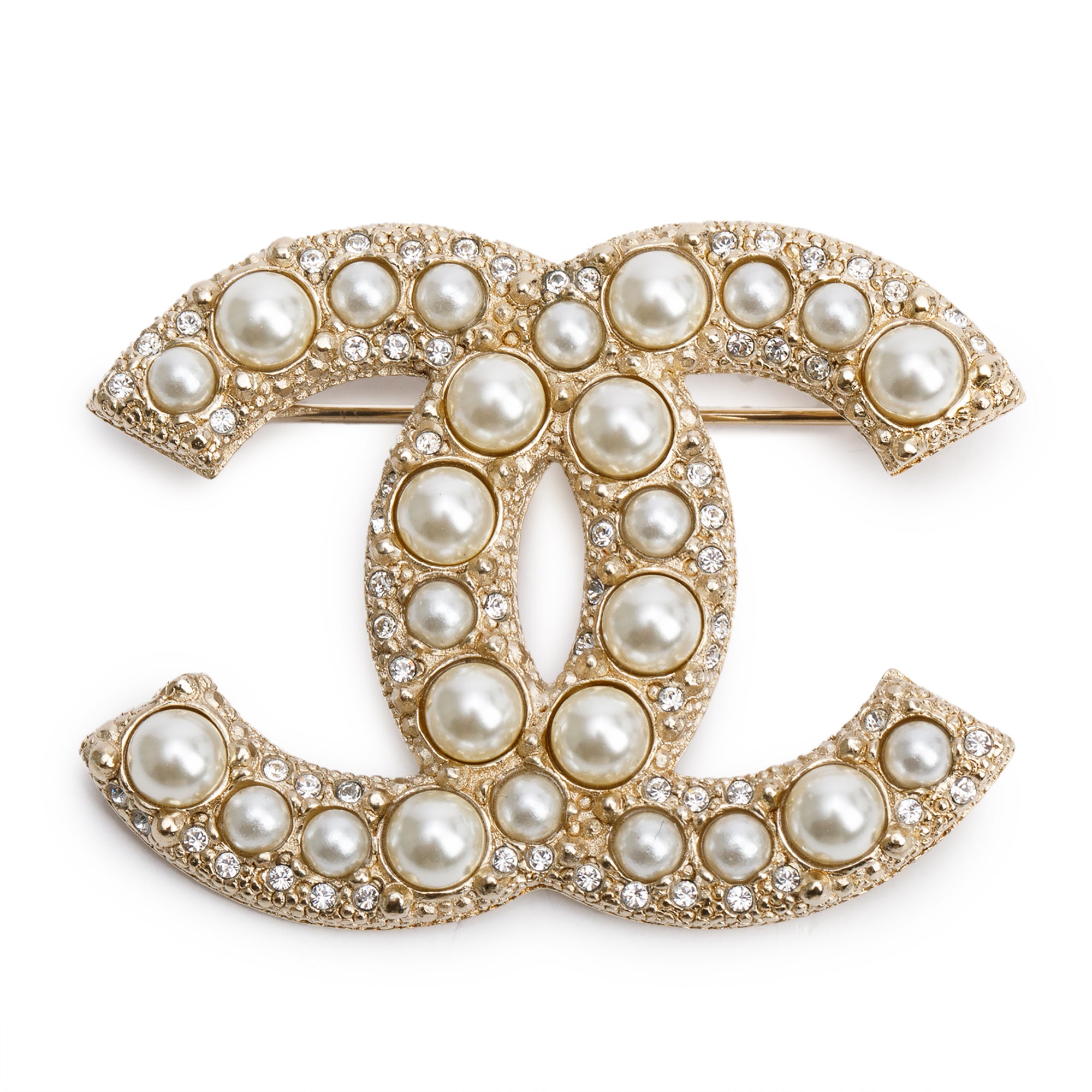 Chanel 2023 Gold Plated Faux Pearl & Strass CC Brooch w/ Box