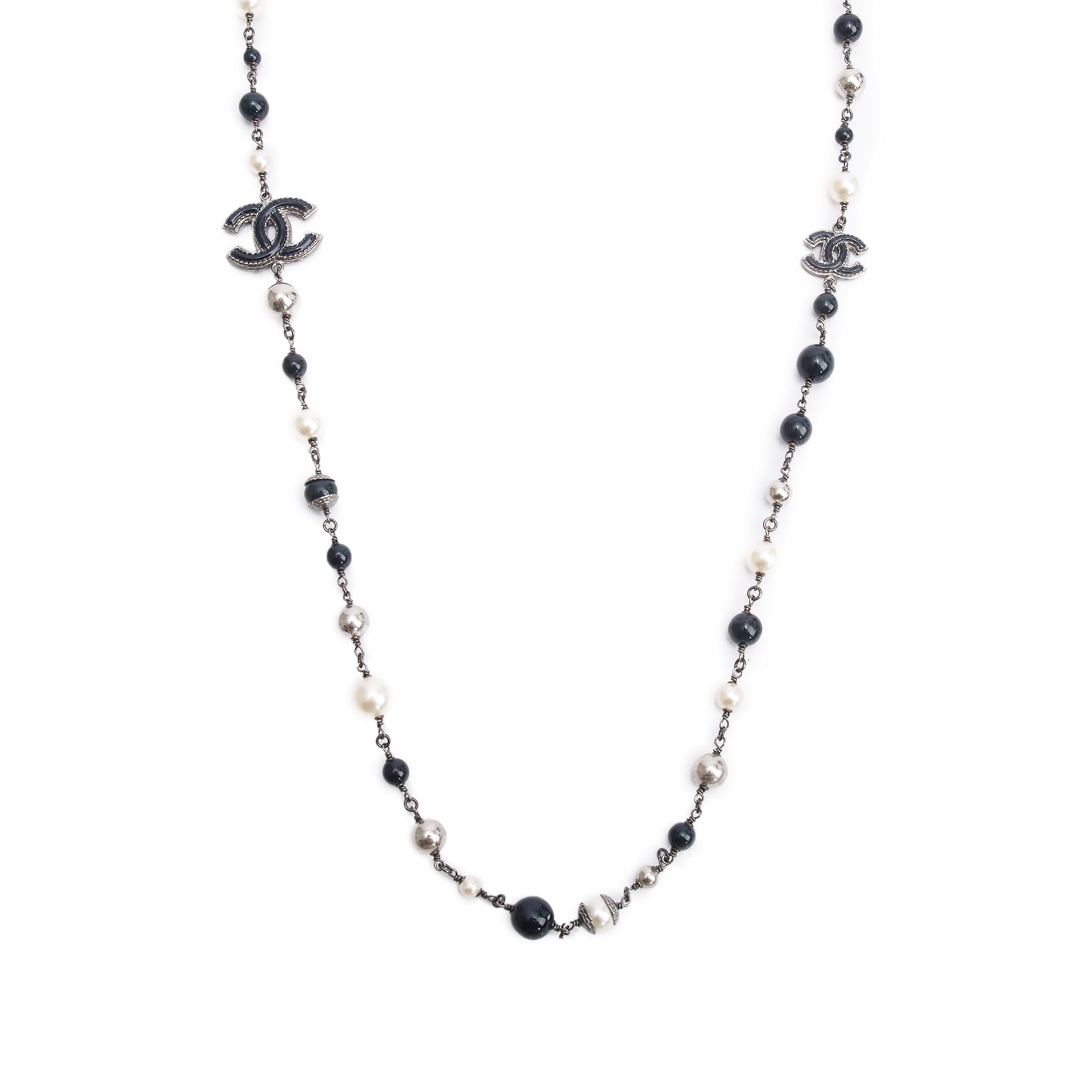 Chanel Ruthenium Faux Pearl, Resin & Enamel CC Station Long Necklace w/ Box