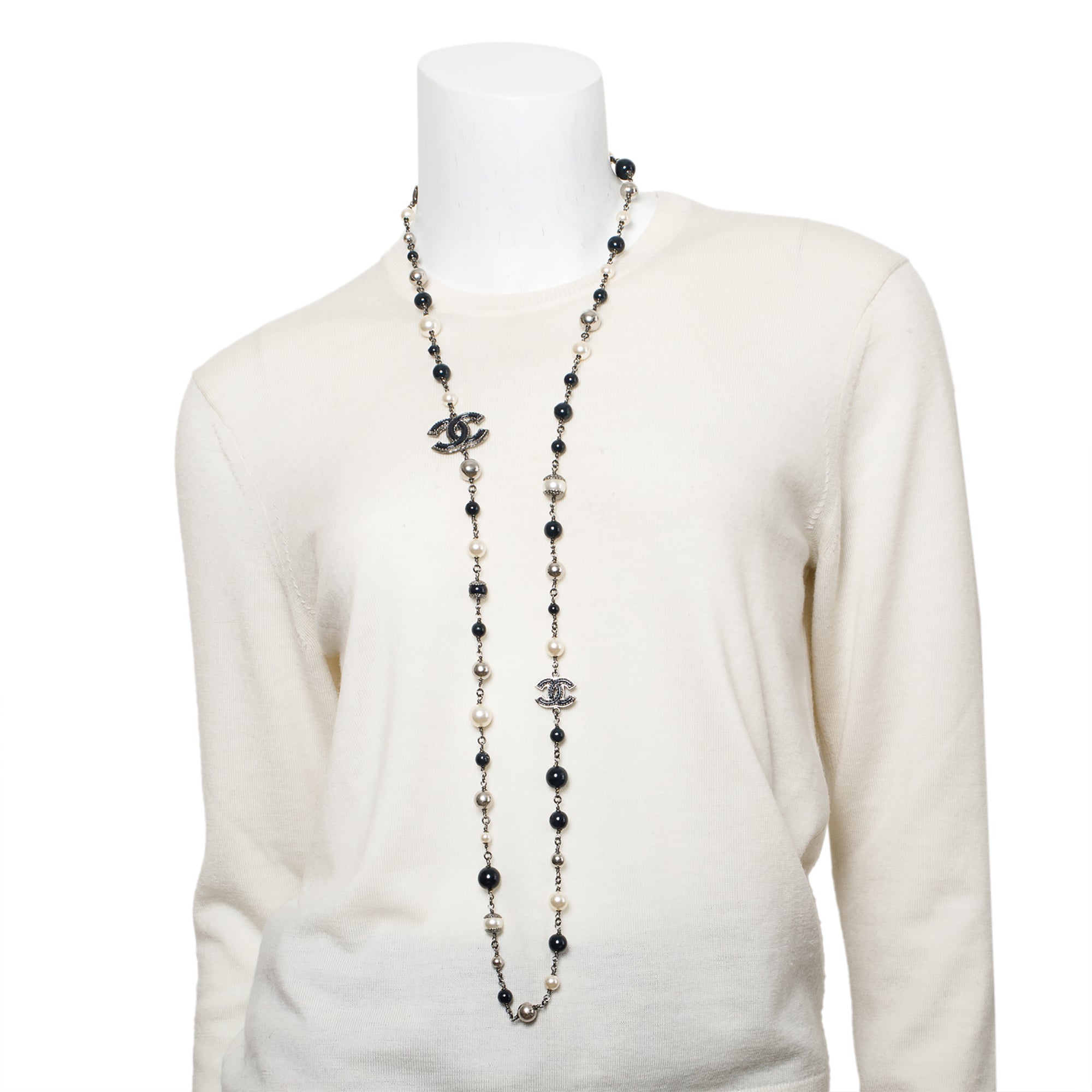 Chanel Ruthenium Faux Pearl, Resin & Enamel CC Station Long Necklace w/ Box