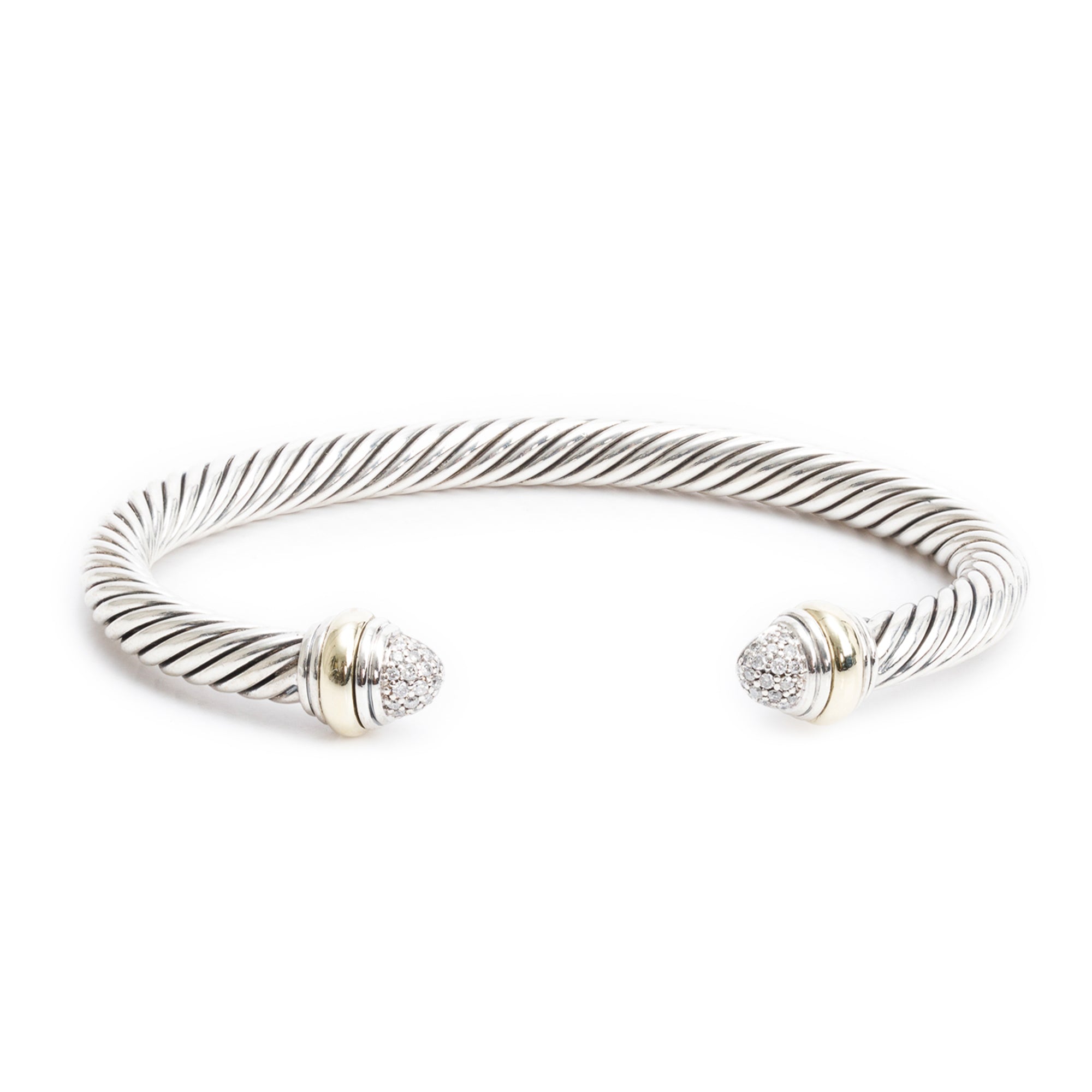 David Yurman Sterling Silver & 14k Yellow Gold Pave Diamond Dome 5 MM Classic Cable Bracelet