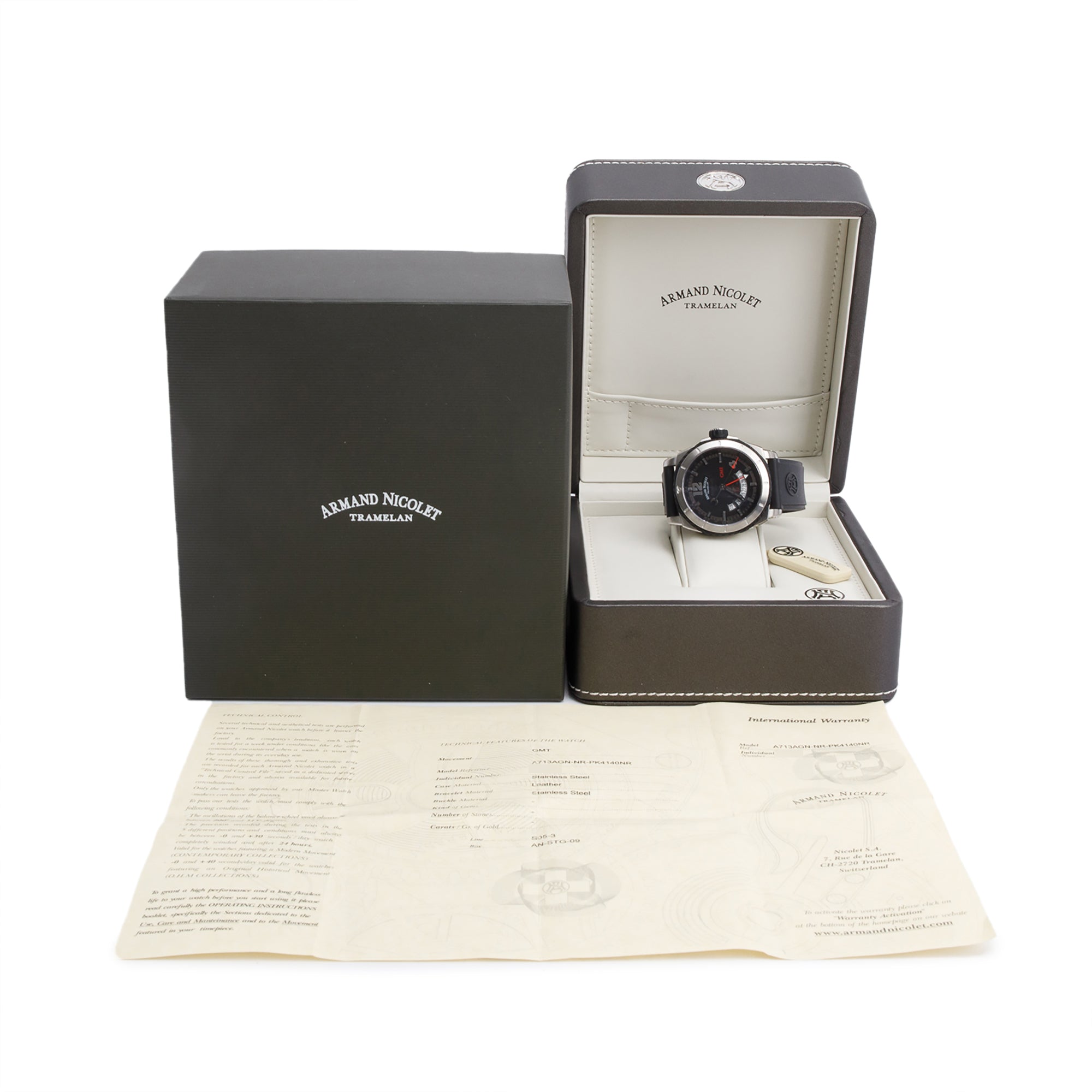 Armand Nicolet Stainless Steel S05-3 44 MM Automatic GMT Watch w/ Box & Papers