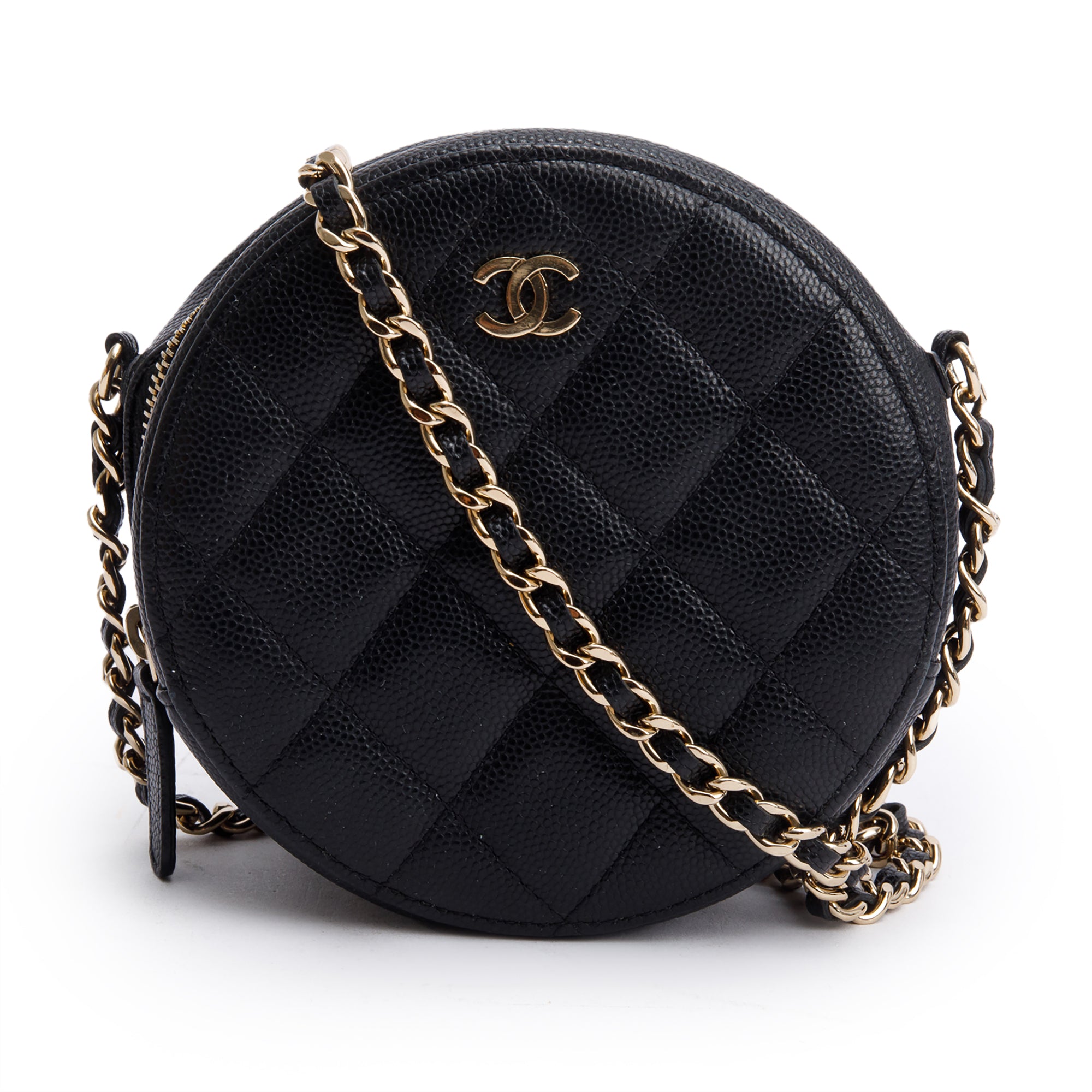 Chanel Black Caviar Leather Round Clutch with Chain w/ Authenticity Card