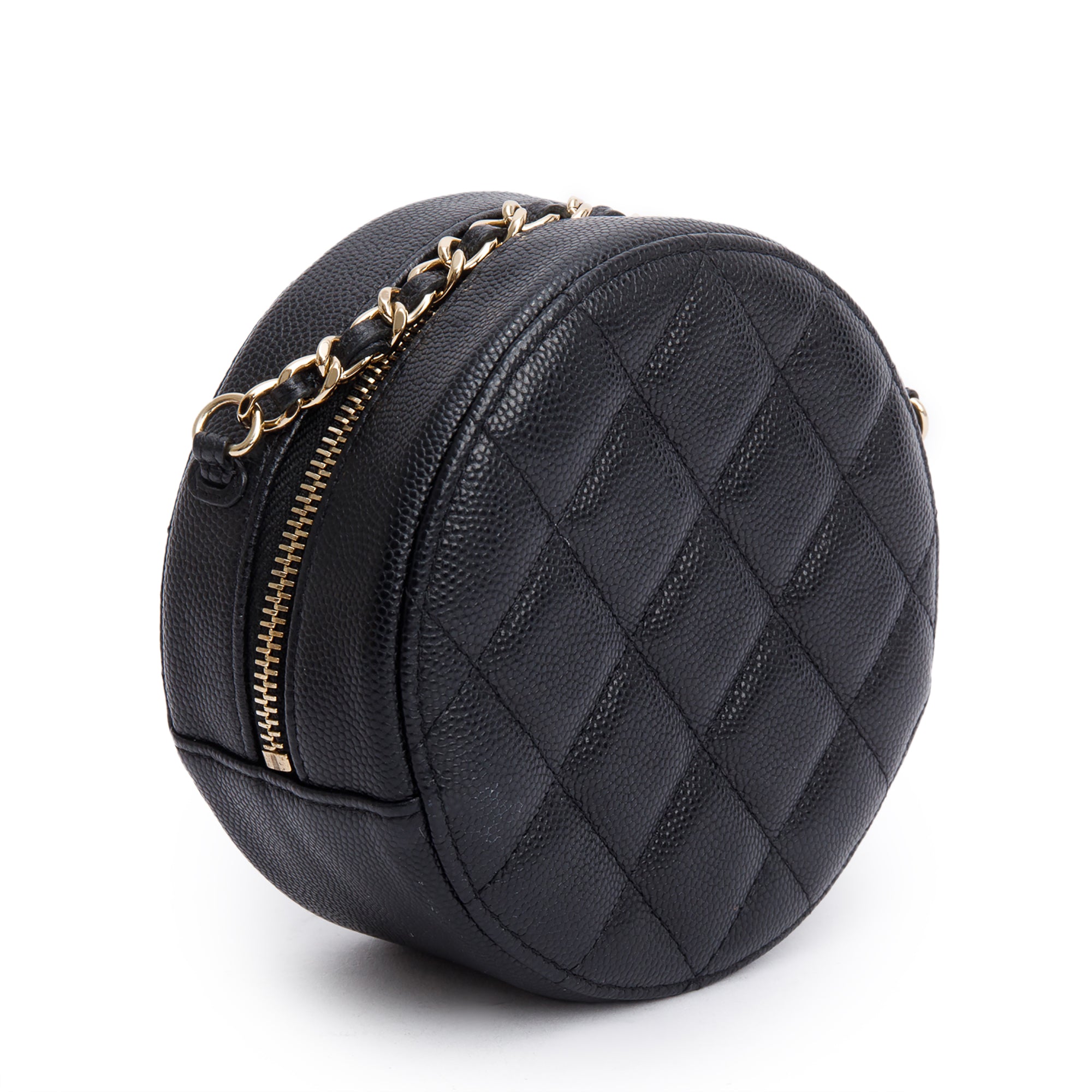 Chanel Black Caviar Leather Round Clutch with Chain w/ Authenticity Card
