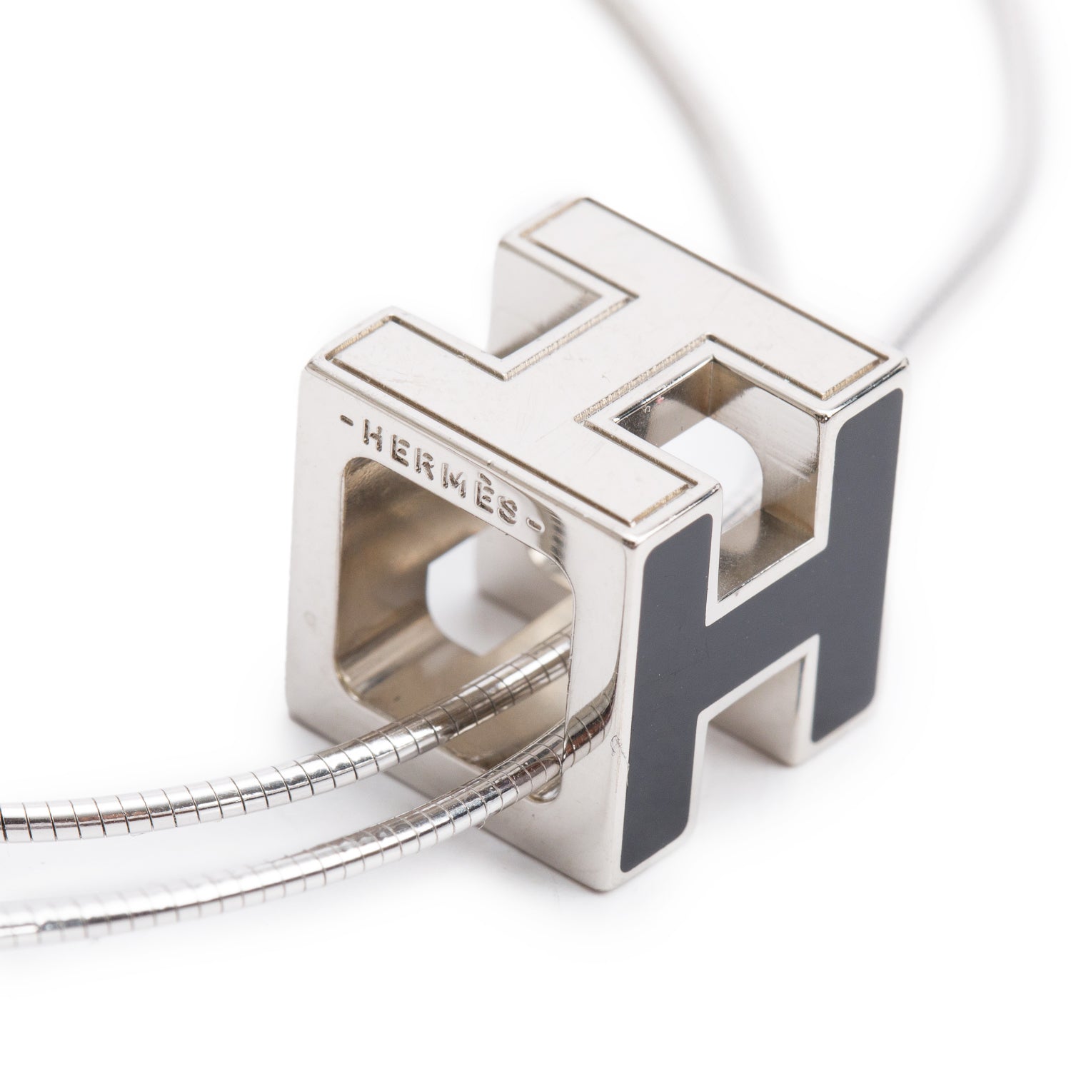 Hermes Palladium-Plated Black Enamel Pop H Cube Pendant Necklace w/ Box
