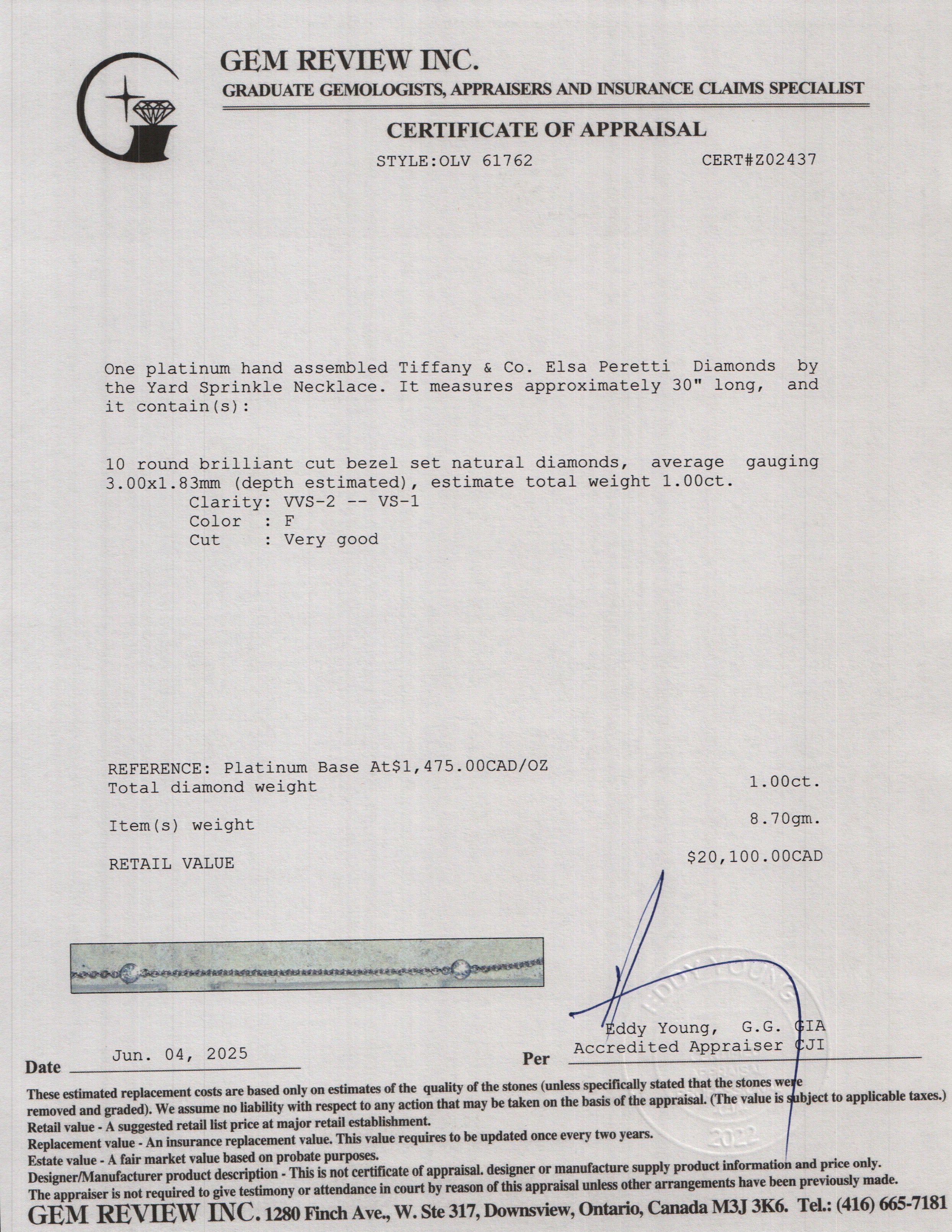 Tiffany & Co. Elsa Peretti Platinum Diamonds by the Yard Sprinkle Necklace w/ Box