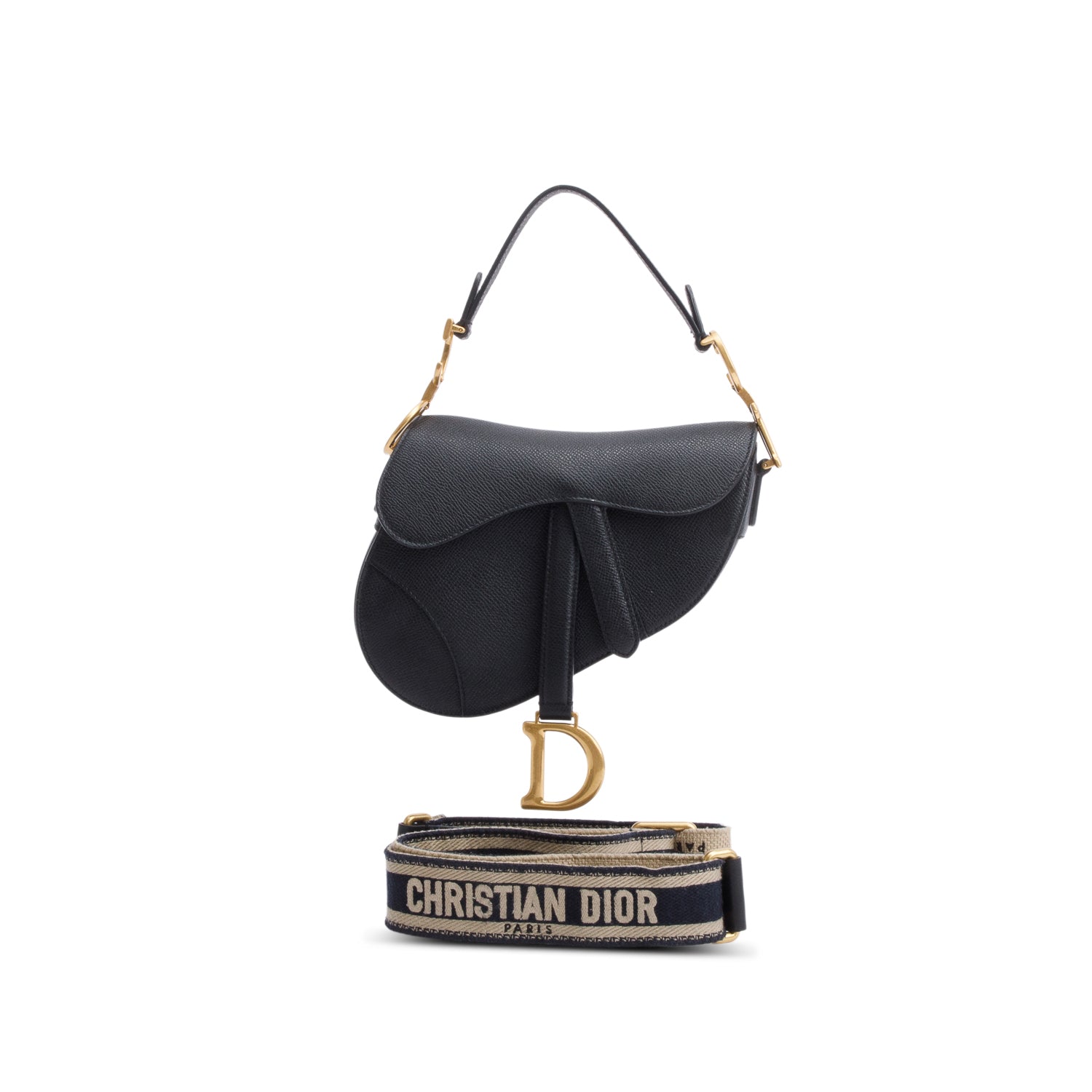 Christian Dior Black Grained Calfskin Leather Mini Saddle Bag w/ Strap & Box