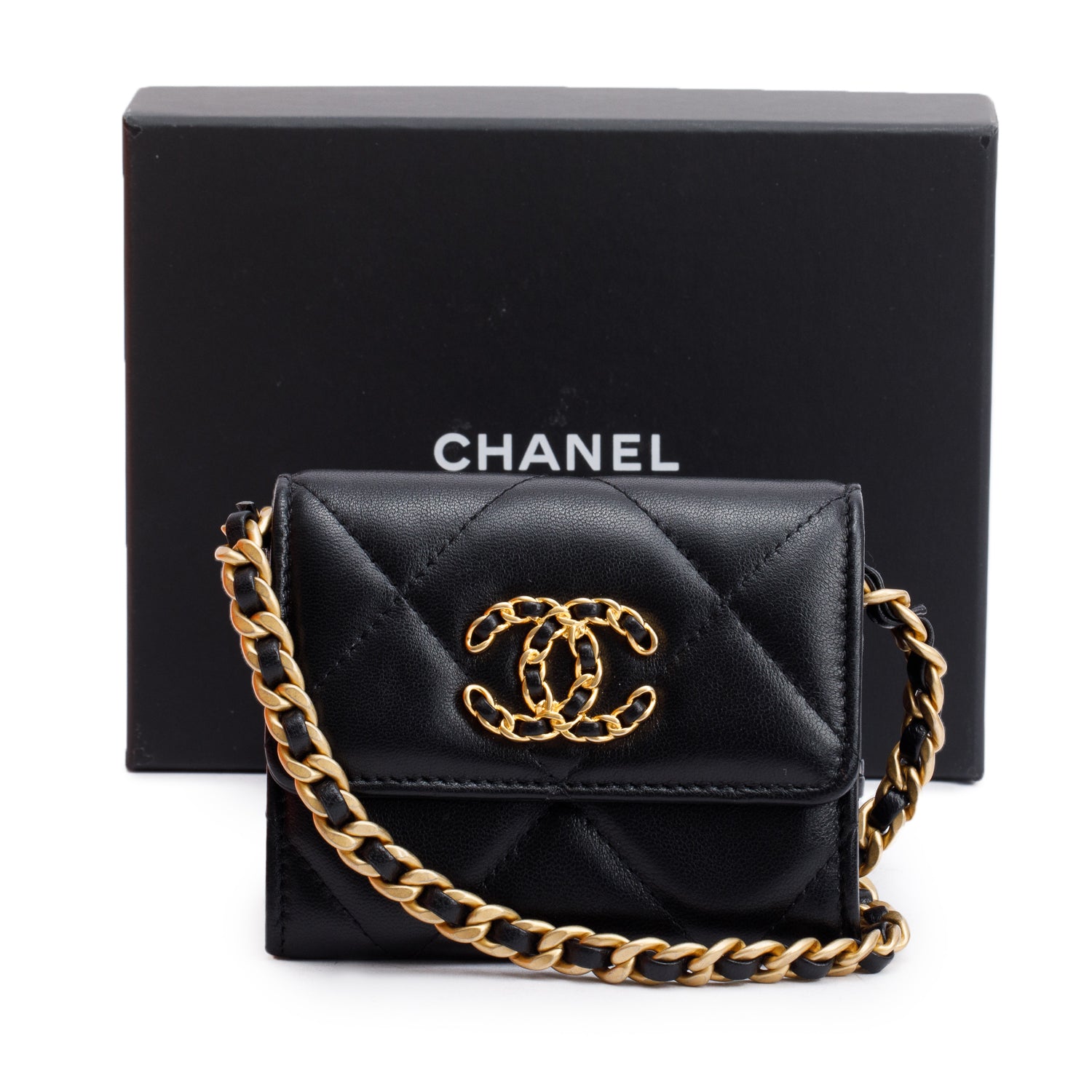 Chanel 2021 Black Lambskin Leather 19 Flap Coin Purse with Chain w/ Box, Receipt & Authenticity Card