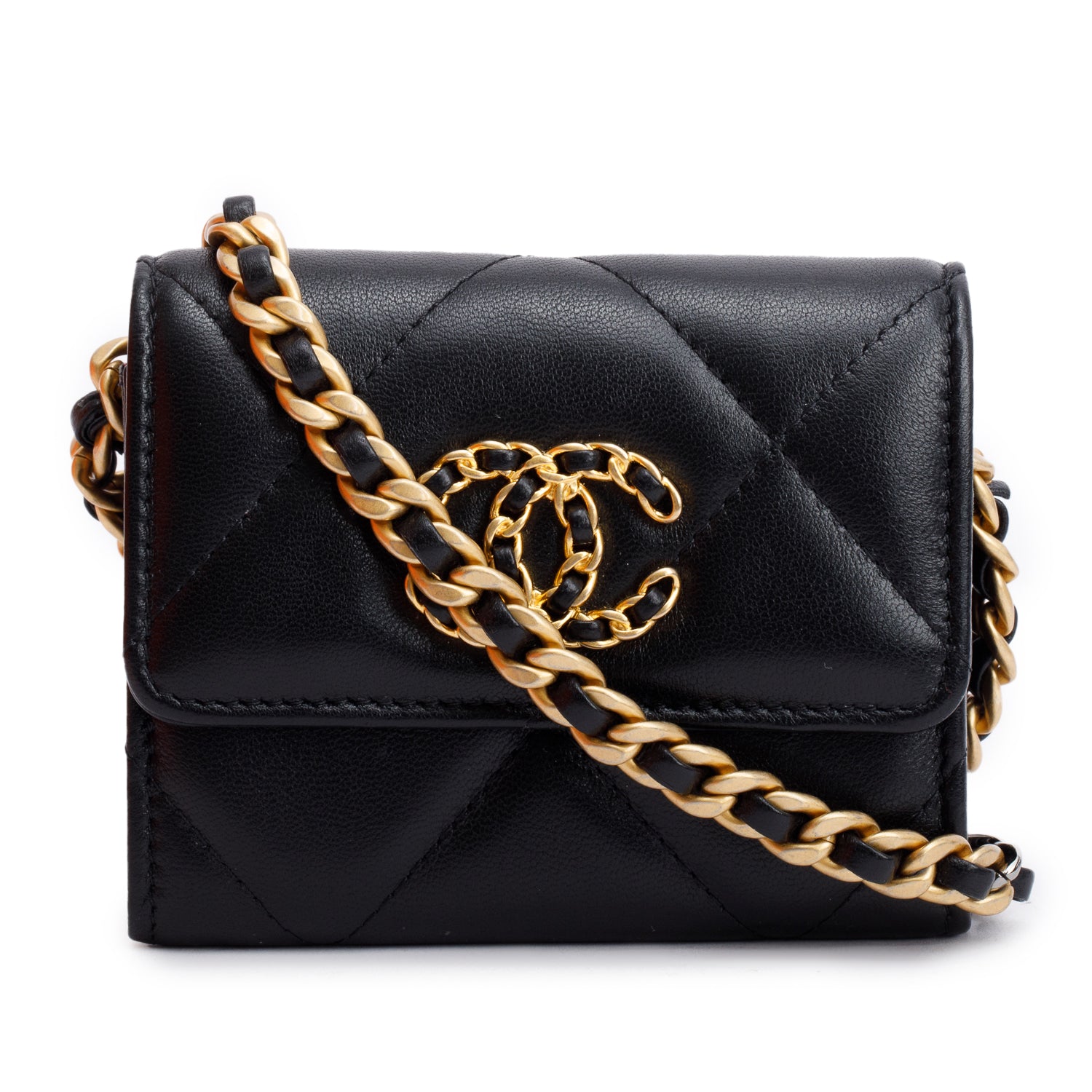Chanel 2021 Black Lambskin Leather 19 Flap Coin Purse with Chain w/ Box, Receipt & Authenticity Card