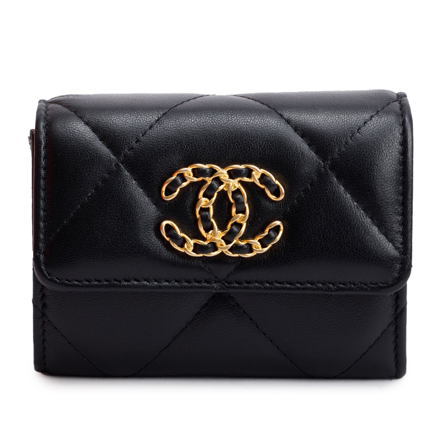 Chanel 2021 Black Lambskin Leather 19 Flap Coin Purse with Chain w/ Box, Receipt & Authenticity Card