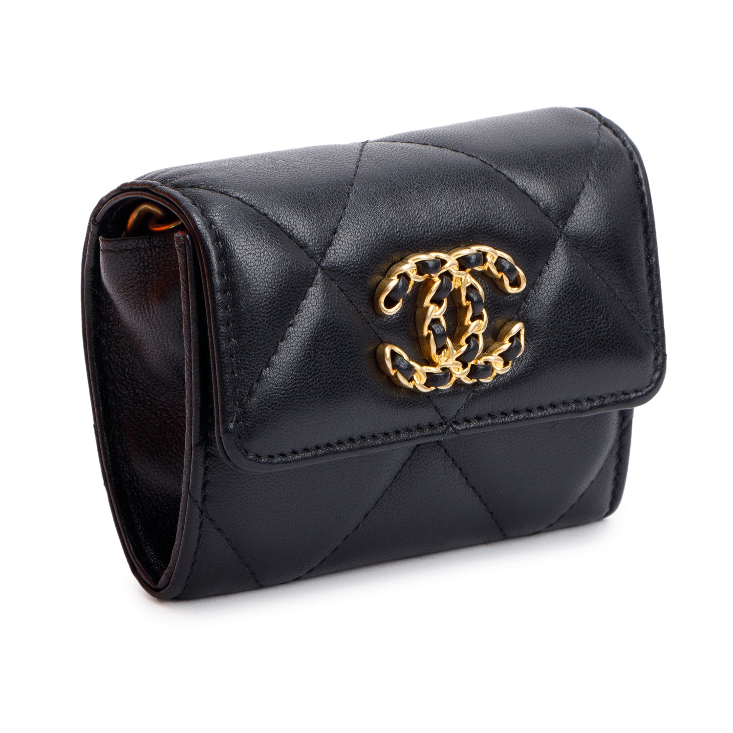 Chanel 2021 Black Lambskin Leather 19 Flap Coin Purse with Chain w/ Box, Receipt & Authenticity Card