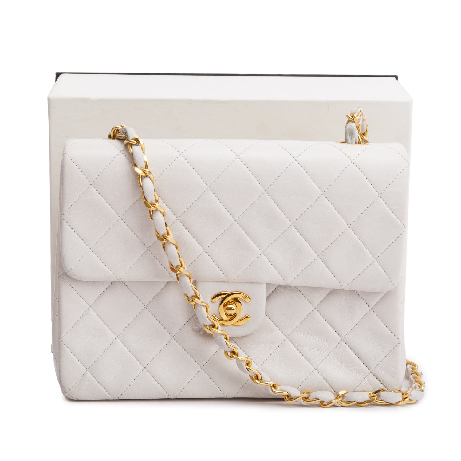 Chanel Vintage White Quilted Lambskin Leather Small Square Single Flap Bag w/ Box & Authenticity Card