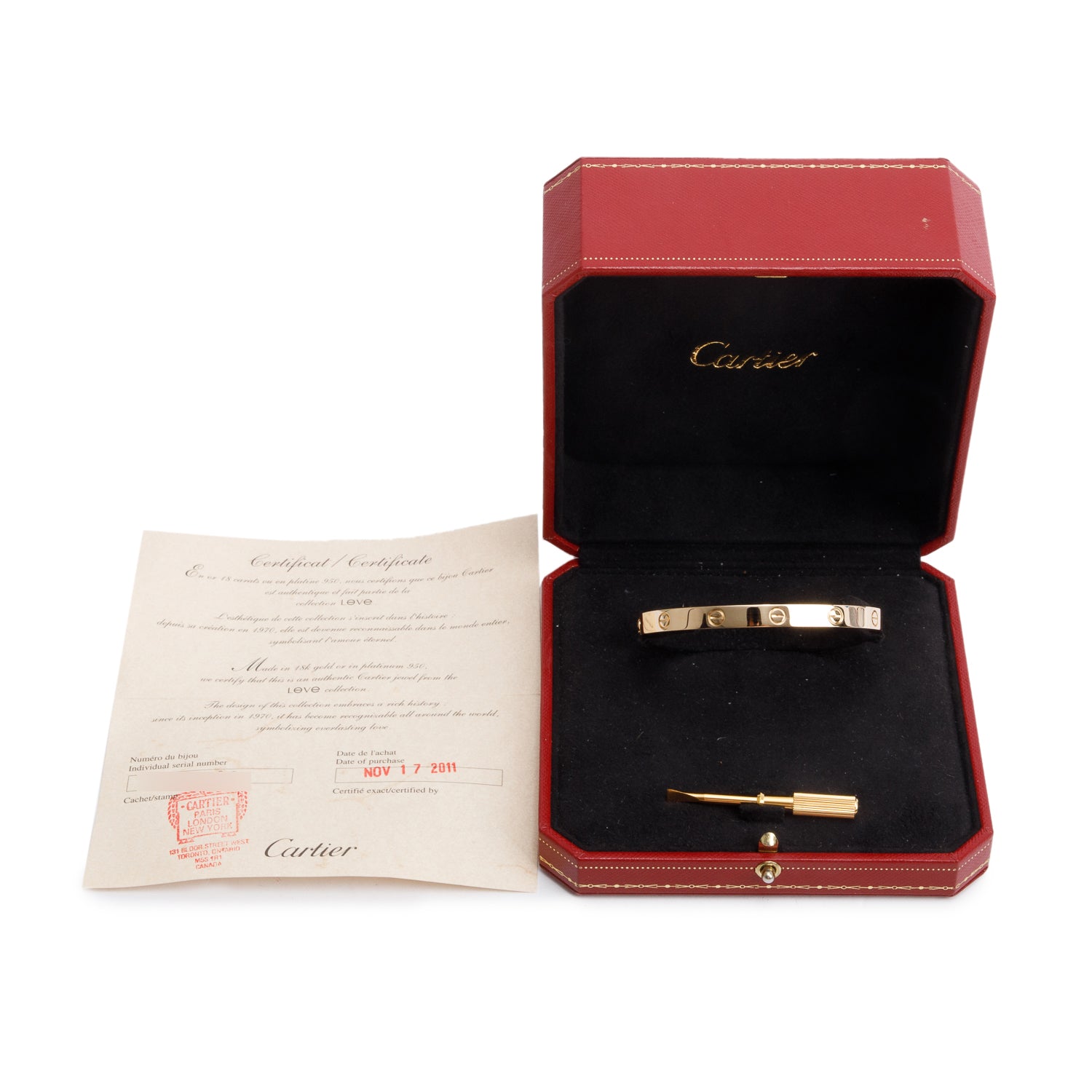 Cartier 18k Yellow Gold Love Bracelet, Classic Model, Size 19 w/ Box & Certificate