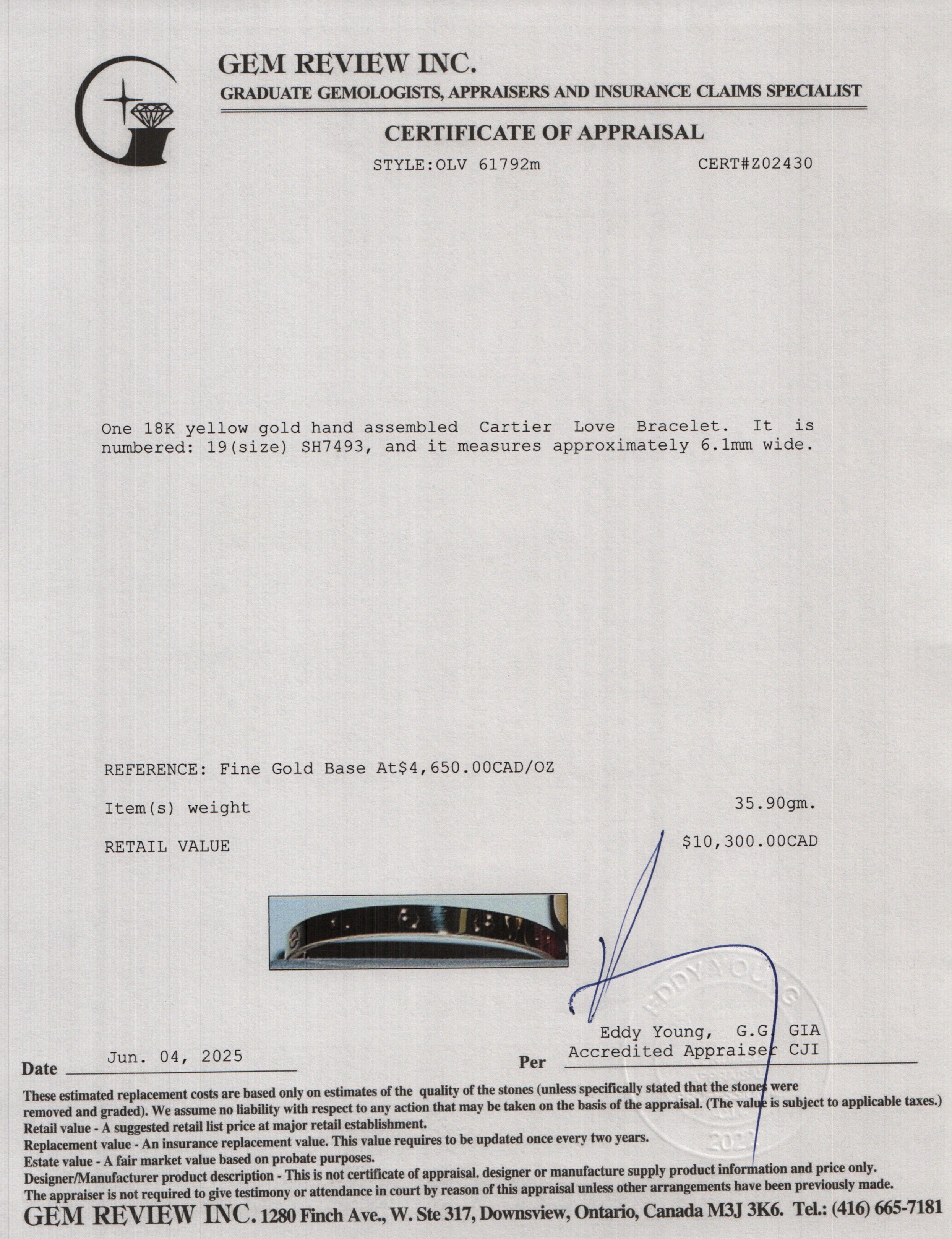 Cartier 18k Yellow Gold Love Bracelet, Classic Model, Size 19 w/ Box & Certificate