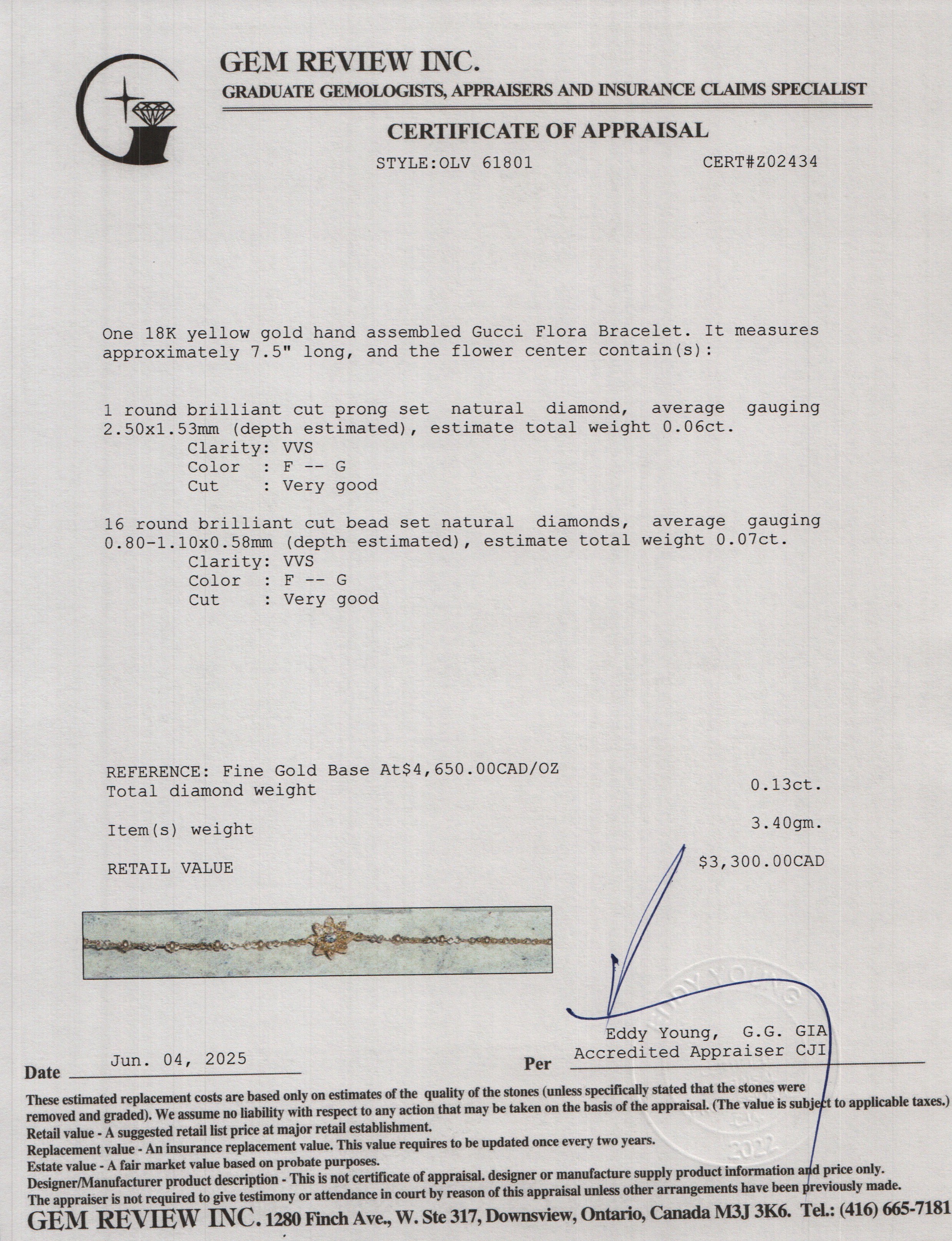 Gucci 18k Yellow Gold Diamond Flora Bracelet w/ Box