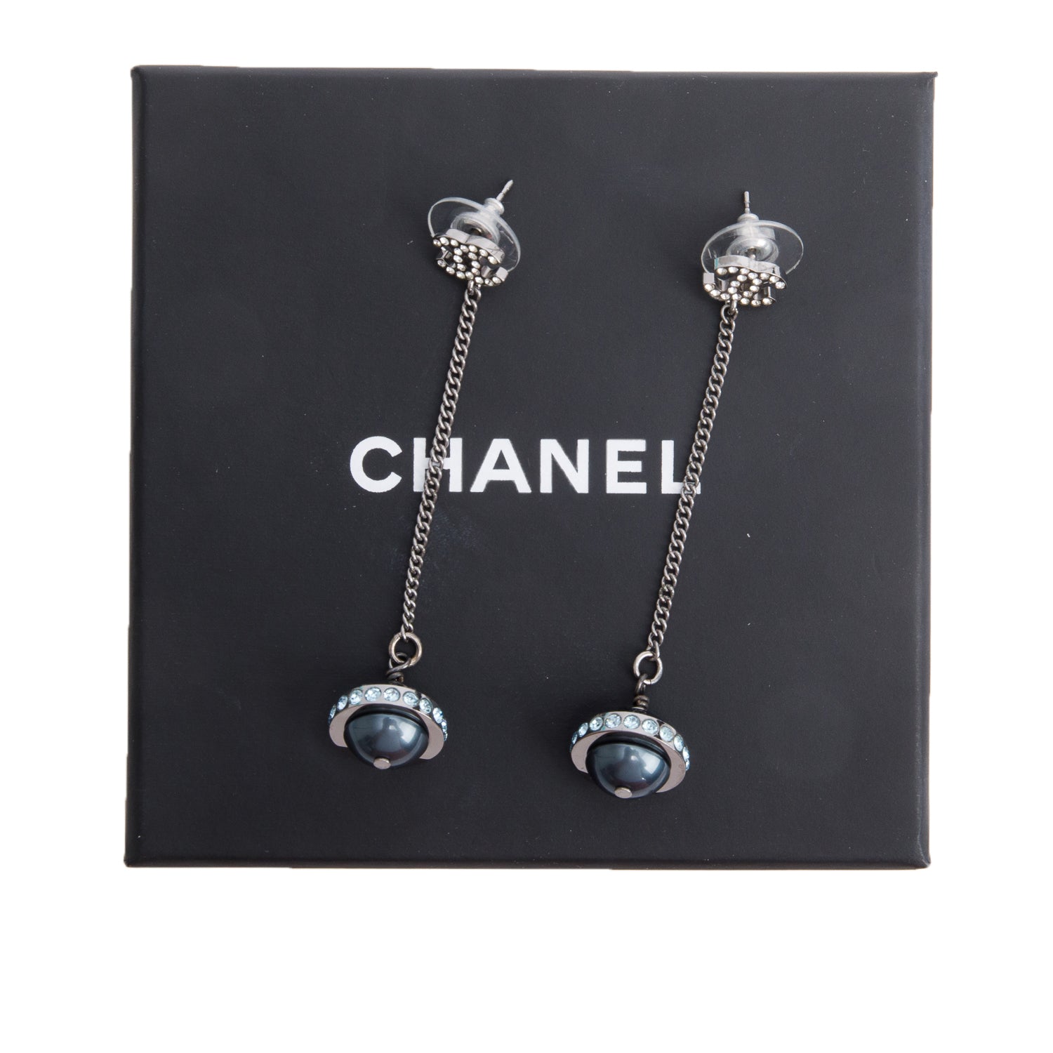 Chanel Silver-Plated Strass CC Ball Drop Earrings w/ Box