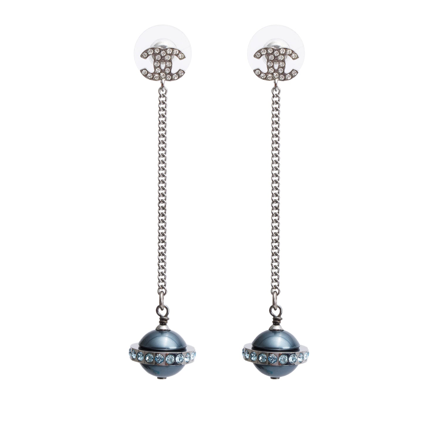 Chanel Silver-Plated Strass CC Ball Drop Earrings w/ Box