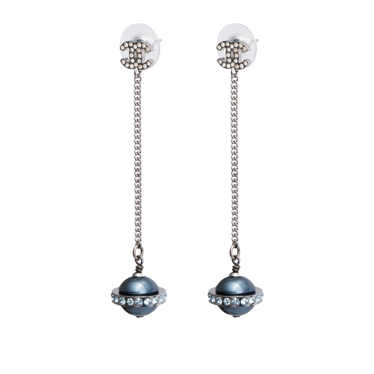 Chanel Silver-Plated Strass CC Ball Drop Earrings w/ Box